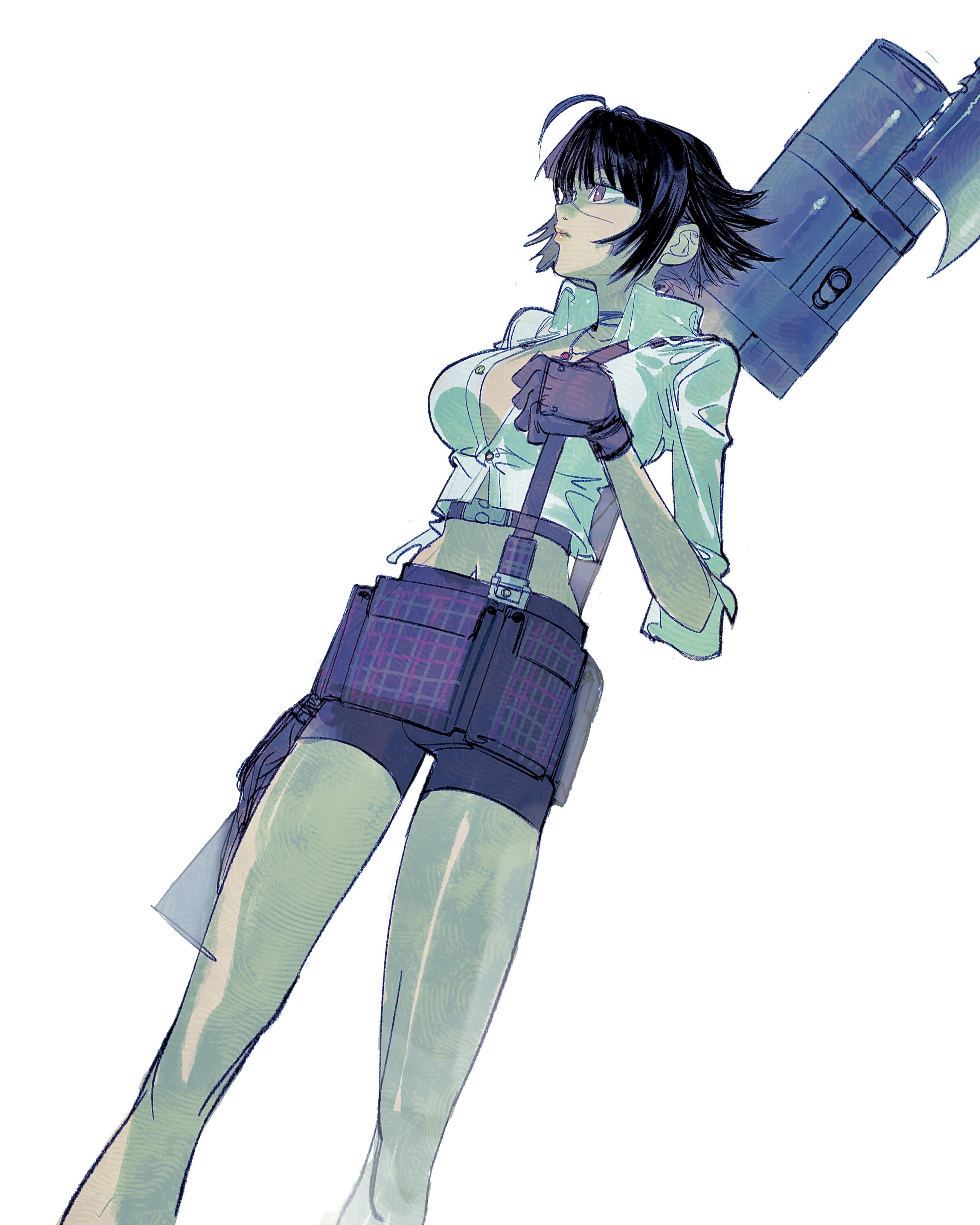 bloodykn8ght, lady (devil may cry), devil may cry, devil may cry (series), devil may cry 3, absurdres, highres, 1girl, belt, bike shorts, black gloves, black hair, black shorts, breasts, cleavage, collared shirt, gloves, kalina ann (weapon), midriff, muted color, navel, open clothes, open shirt, red eyes, rocket launcher, scar, scar on face, scar on nose, shirt, short hair, shorts, simple background, solo, weapon, weapon on back, white shirt