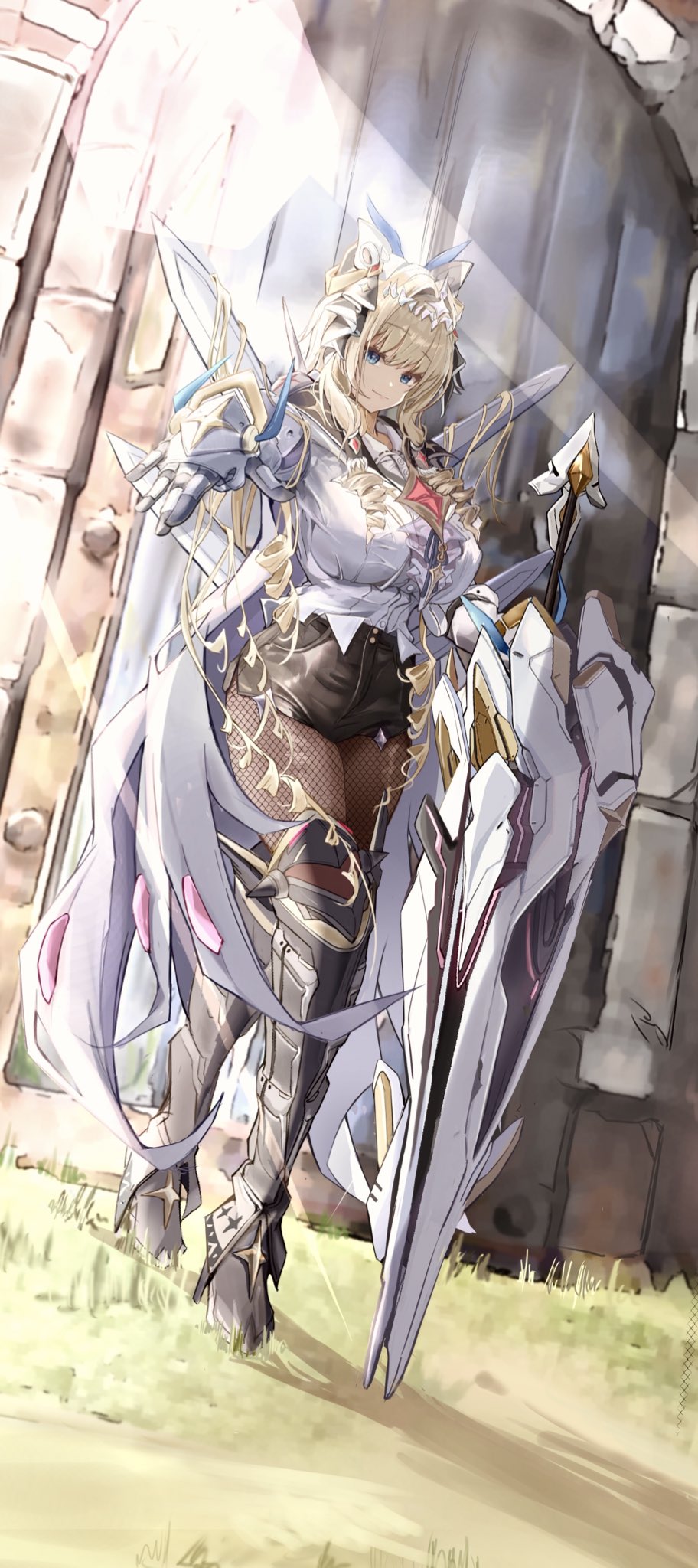 pinjirooo, crown (nikke), goddess of victory: nikke, commentary request, highres, 1girl, black shorts, blonde hair, blue eyes, fishnet pantyhose, fishnets, full body, hair intakes, holding, holding weapon, long hair, pantyhose, shorts, smile, solo, weapon