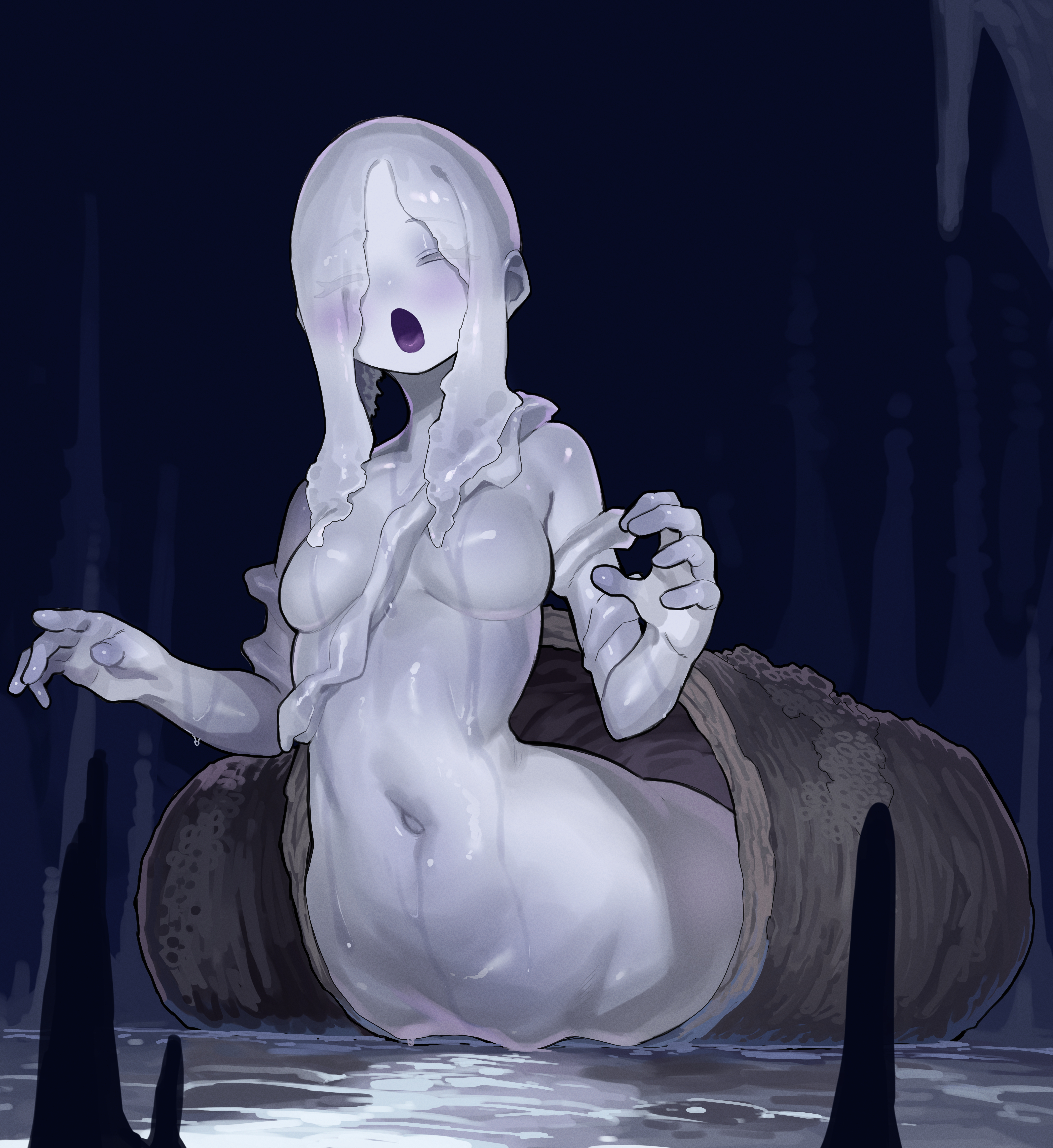 ekrea jan, snail woman (bloodborne), bloodborne, absurdres, highres, 1girl, breasts, cave interior, closed eyes, colored skin, colored tongue, hair over shoulder, looking at viewer, monster girl, navel, open mouth, pale skin, purple tongue, shell, slime (substance), snail girl, snail shell, solo, stalactite, stalagmite, wet, white skin