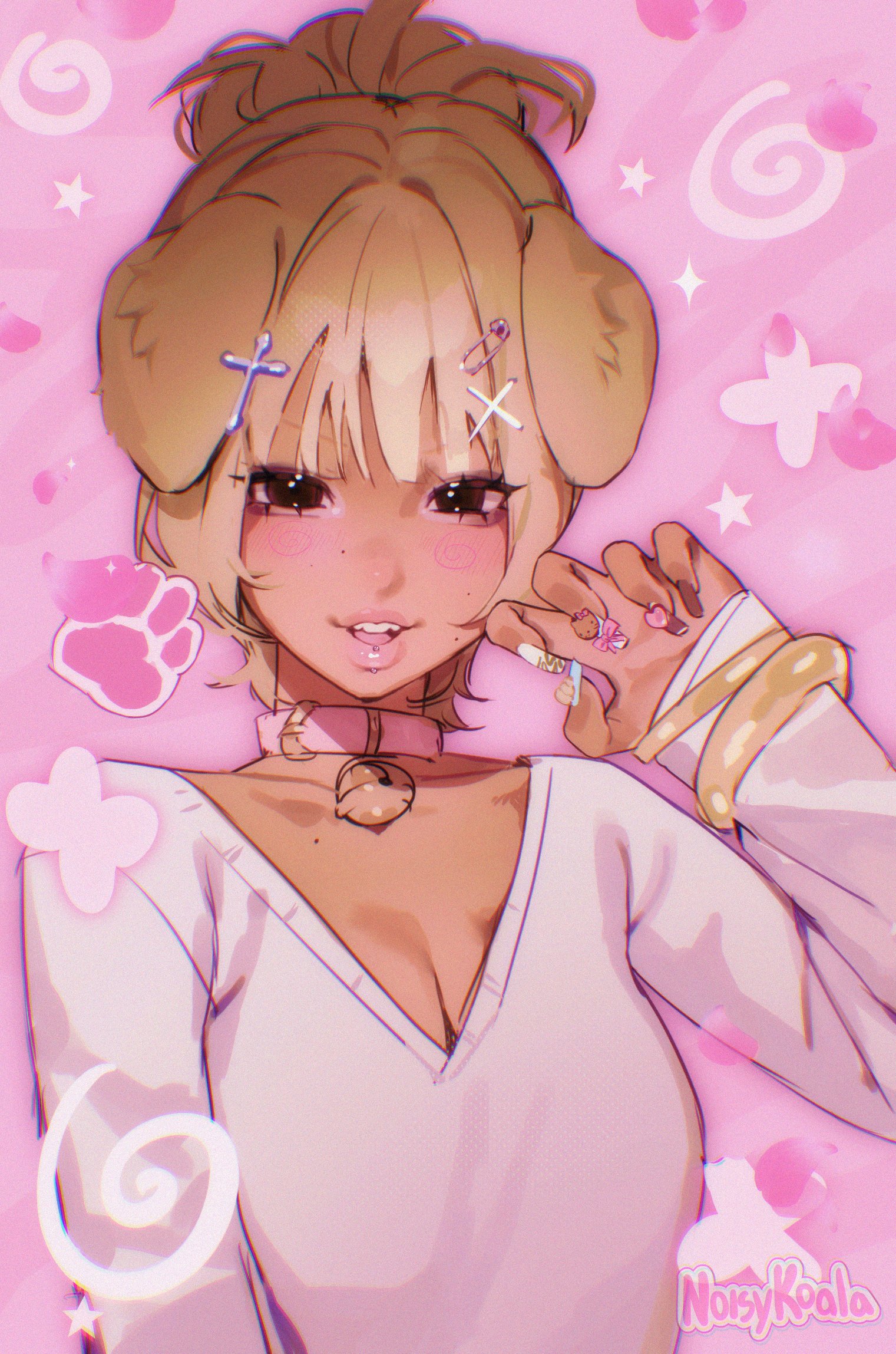 noisykoala, hello kitty, original, sanrio, commentary, english commentary, highres, 1girl, aegyo sal, animal ears, artist name, bell, belt collar, blonde hair, blush, bracelet, breasts, brown eyes, brown hair, choppy bangs, chromatic aberration, claw pose, cleavage, collar, cross hair ornament, dog ears, dog girl, eyelashes, face piercing, fingernails, four-pointed star, gold bracelet, gradient hair, hair bun, hair ornament, halftone, jewelry, jingle bell, light blush, lip piercing, long fingernails, looking at viewer, medium breasts, mole, mole on cheek, mole on chest, multicolored hair, multicolored nails, multiple moles, nail art, nail ornament, neck bell, open mouth, paw print, paw print background, petals, piercing, pink background, pink collar, pink theme, safety pin hair ornament, single hair bun, sketch, sleeves past wrists, smile, star (symbol), sweater, tan, teeth, thick lips, tongue, two-tone hair, upper body, upper teeth only, v-neck, v-shaped eyebrows, white sweater, wolf cut