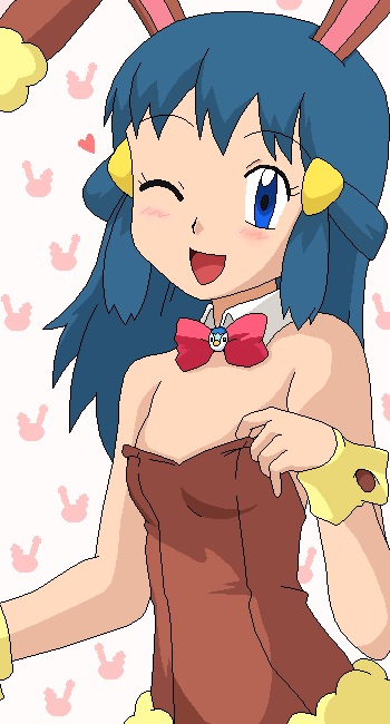 kuro hopper, buneary, dawn (pokemon), lopunny, nintendo, pokemon, bad id, bad pixiv id, 1girl, animal ears, bare shoulders, bow, bowtie, cosplay, costume, fake animal ears, female focus, gen 4 pokemon, oekaki, one eye closed, playboy bunny, rabbit ears, solo, wink