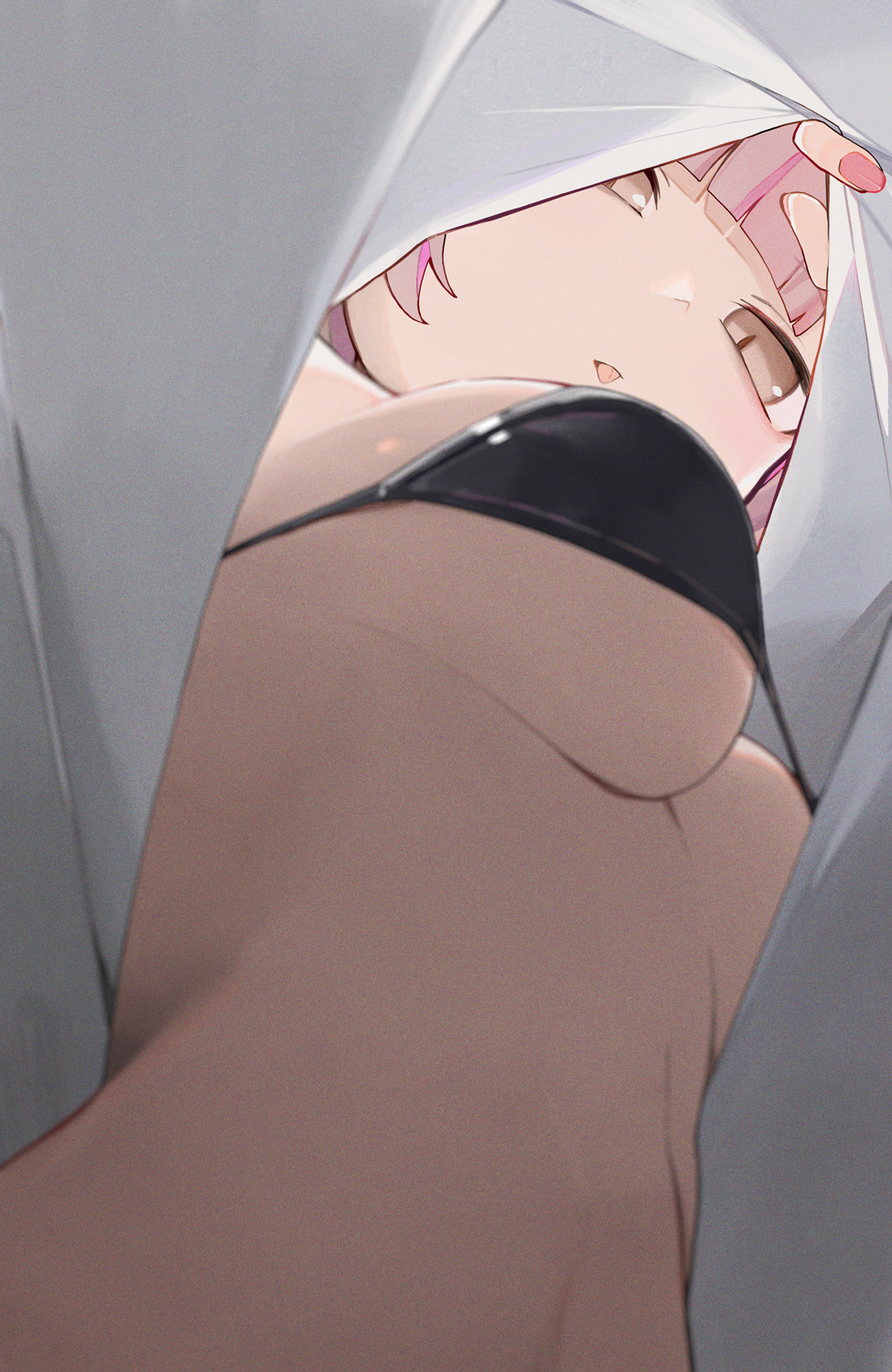 hiroki (yyqw7151), original, commentary, highres, 1girl, :p, bikini, black bikini, breasts, brown eyes, clothes lift, lifting own clothes, looking at viewer, medium breasts, pink hair, shirt, shirt lift, solo, swimsuit, tongue, tongue out, upshirt, white shirt
