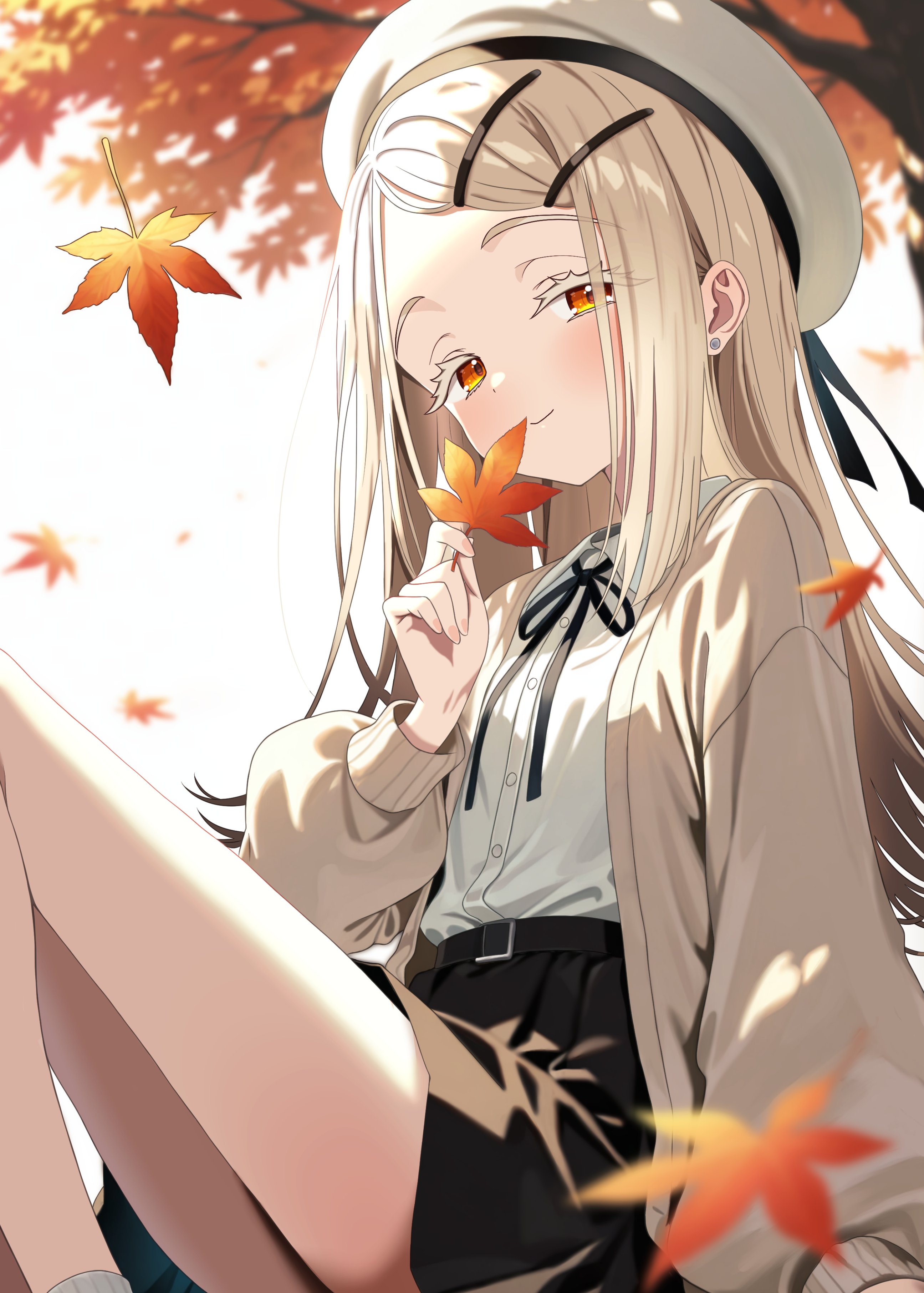 shubashuba, shinosawa hiro, gakuen idolmaster, idolmaster, absurdres, highres, 1girl, autumn, autumn leaves, beret, blonde hair, blush, cardigan, flat chest, hat, leaf, long hair, looking at viewer, open cardigan, open clothes, orange eyes, sitting, skirt, smile, solo, tree