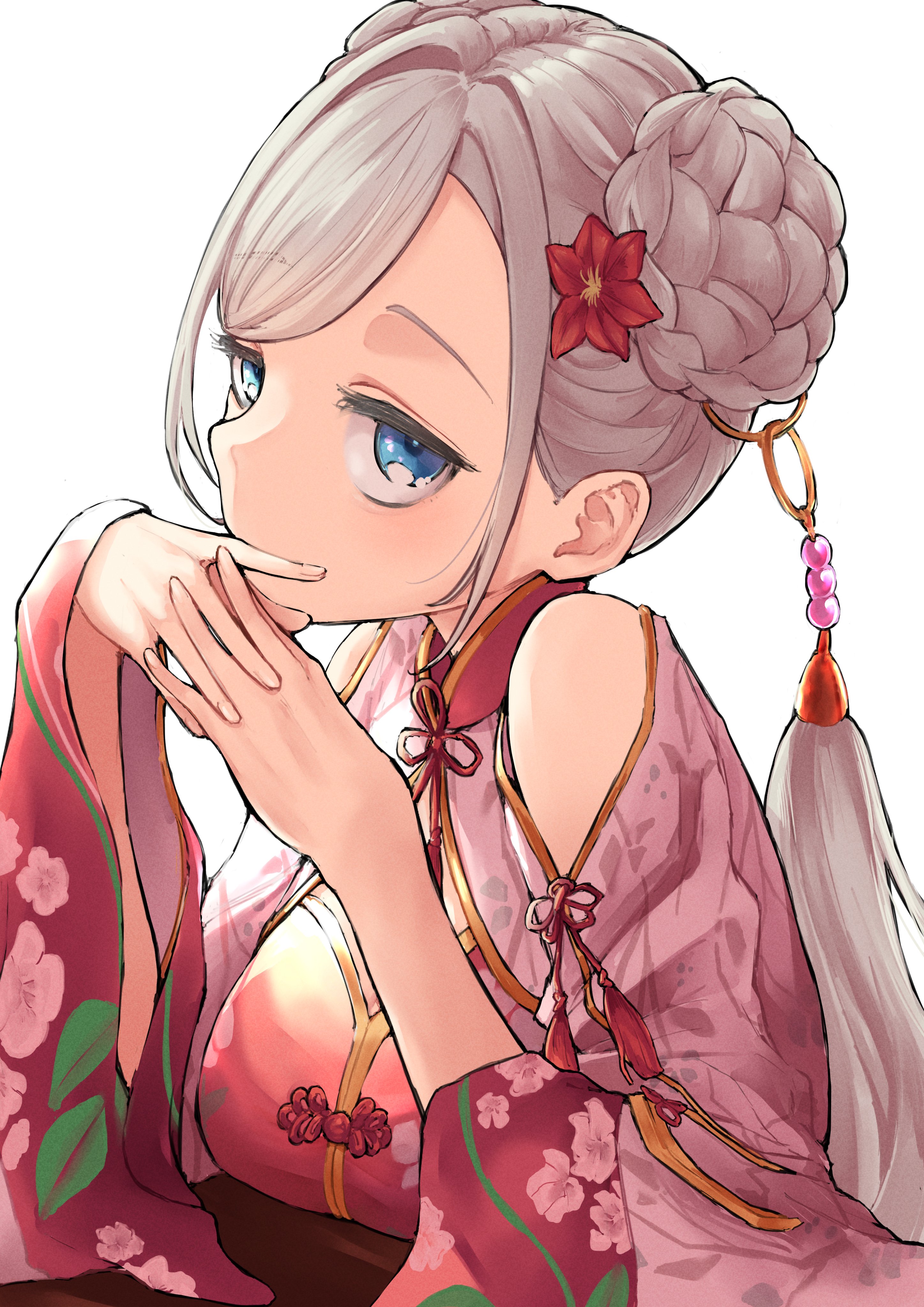 mendo (mend0o0), ceras yanagida lilienfeld, ceras yanagida lilienfeld (shiren koto no suzume), link! like! love live!, love live!, absurdres, commentary, highres, 1girl, bare shoulders, blue eyes, braid, braided bun, breast rest, breasts, breasts on table, bun with braided base, china dress, chinese clothes, clothing cutout, covering own mouth, dress, elbows on table, flower, grey hair, hair bun, hair extensions, hair flower, hair intakes, hair ornament, hand over own mouth, interlocked fingers, large breasts, long sleeves, looking at viewer, red dress, red flower, ring hair extensions, short hair, shoulder cutout, shrug (clothing), sidelocks, simple background, solo, upper body, virtual youtuber, white background, white shrug