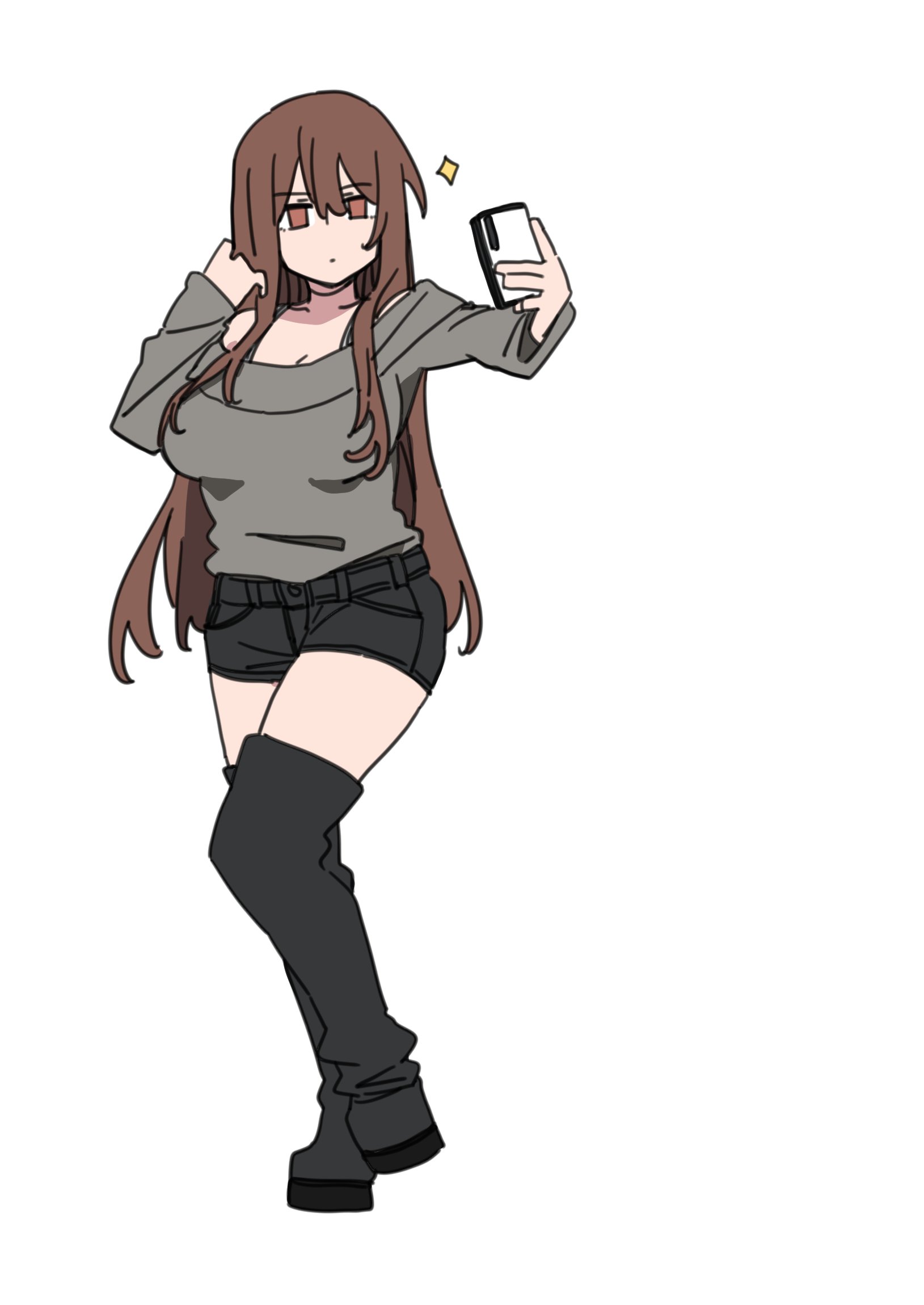 durindana 7, original, highres, tagme, 1girl, black boots, black shorts, boots, breasts, brown eyes, brown hair, cellphone, cleavage, collarbone, full body, grey shirt, hair between eyes, holding, holding phone, jitome, large breasts, long hair, phone, rina (durindana 7), shirt, shorts, smartphone, thigh boots, very long hair, white background
