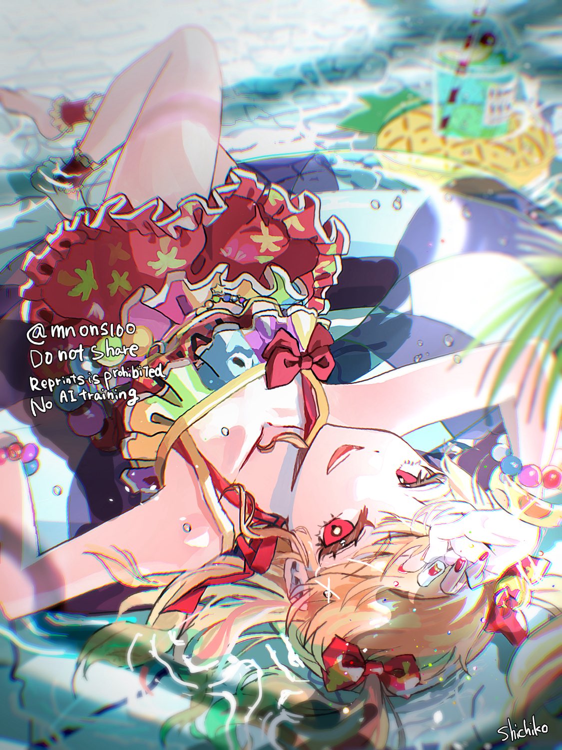 shichiko (kerori), natsuki mikuru, aikatsu!, aikatsu! (series), commentary request, highres, 1girl, bikini, bikini skirt, blonde hair, bow, day, frilled bikini, frills, hair bow, long hair, looking at viewer, looking back, lying, lying on water, on back, open mouth, outdoors, red bikini, red bow, red eyes, smile, solo, swim ring, swimsuit, upside-down, water