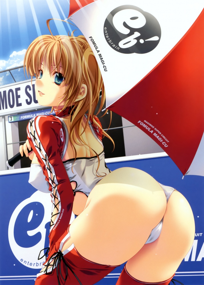 miyama-zero, 1girl, ass, blonde hair, blue eyes, breasts, covered erect nipples, female focus, large breasts, looking back, race queen, solo, thighhighs, umbrella