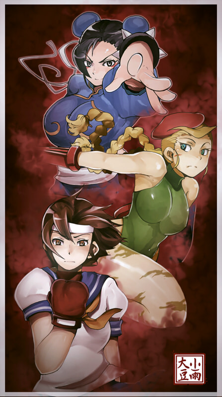 kosame daizu, cammy white, chun-li, kasugano sakura, capcom, street fighter, bad id, bad pixiv id, 3girls, blonde hair, blue sailor collar, brown eyes, brown hair, china dress, chinese clothes, dress, green eyes, leotard, multiple girls, pantyhose, sailor collar, school uniform, serafuku, tattoo