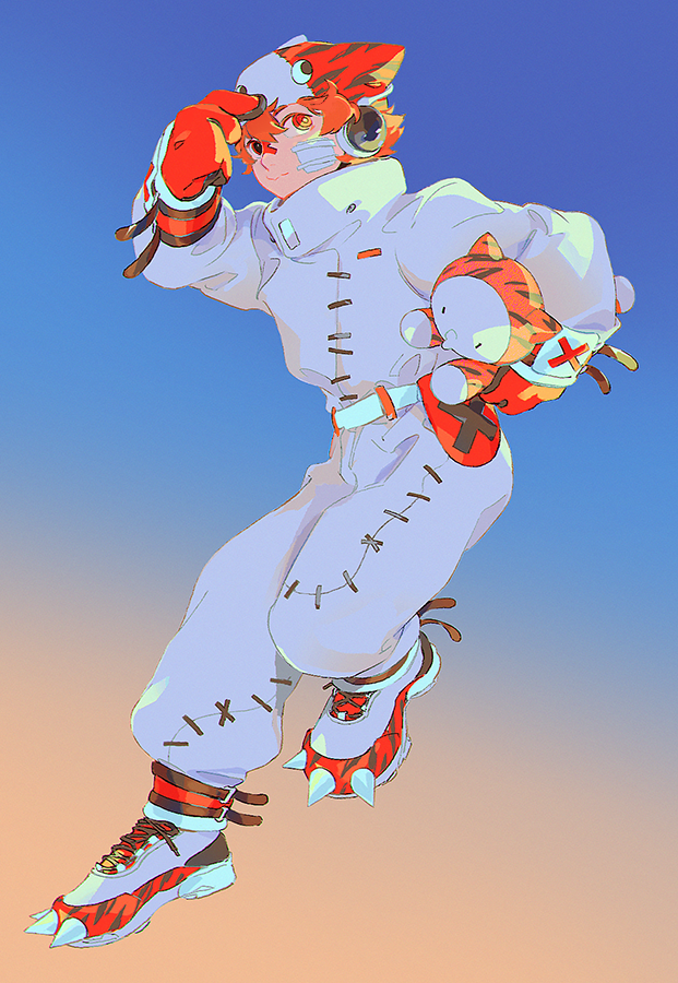 asertr, fukase, point (vocaloid), vocaloid, commentary, 1boy, adjusting clothes, adjusting headwear, arm up, backlighting, belt, blue background, bright pupils, closed mouth, double-parted bangs, full body, gauze, gauze on cheek, gloves, gradient background, hair between eyes, helmet, holding, jumpsuit, long sleeves, looking at viewer, male focus, orange background, orange eyes, orange gloves, orange helmet, puffy long sleeves, puffy sleeves, ringed eyes, shoelaces, shoes, short hair, simple background, smile, solo, spiked shoes, spikes, standing, standing on one leg, turtleneck, white belt, white jumpsuit, white pupils, white shoes