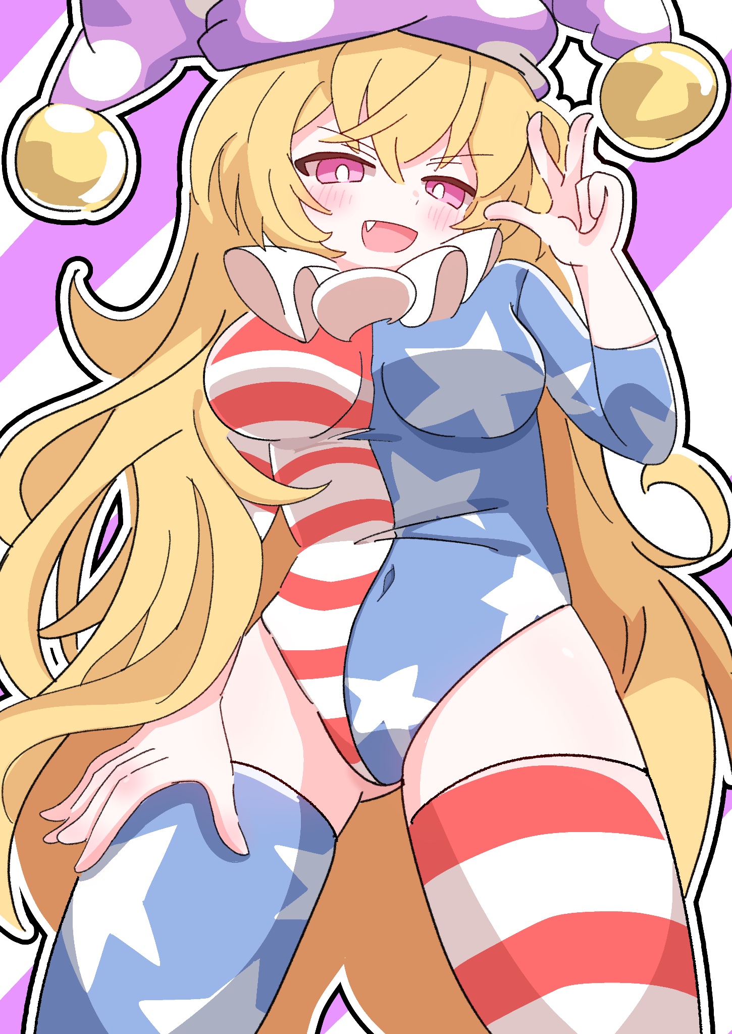 clownpiece, touhou, highres, 1girl, american flag, american flag dress, blonde hair, blue thighhighs, blush stickers, breasts, covered navel, cowboy shot, diagonal-striped background, fang, hair between eyes, hat, jester cap, kurakurasiteru, long hair, looking at viewer, medium breasts, neck ruff, open mouth, pink eyes, pink hat, polka dot hat, red thighhighs, star (symbol), star print, striped background, striped clothes, striped thighhighs, thighhighs, thighs, three-quarter sleeves, very long hair, w