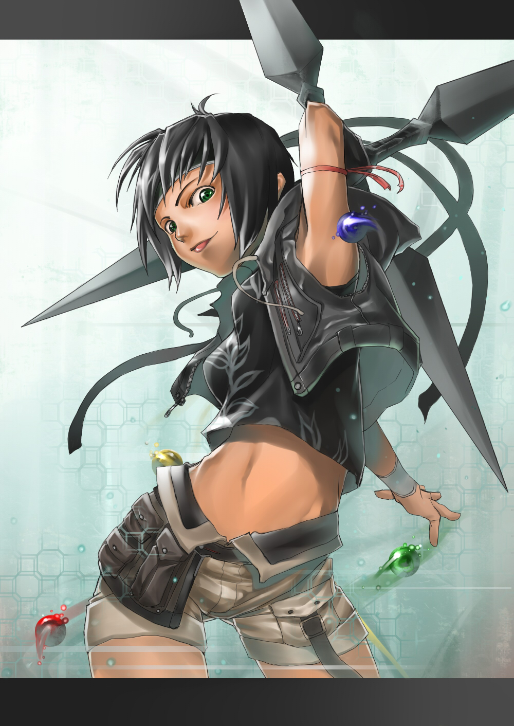 yorisuke, yuffie kisaragi, final fantasy, final fantasy vii, final fantasy vii advent children, highres, 00s, 1990s (style), 1girl, armpits, arms up, black hair, female focus, green eyes, headband, materia, midriff, open fly, retro artstyle, short hair, shorts, shuriken, solo, tongue, unzipped, weapon