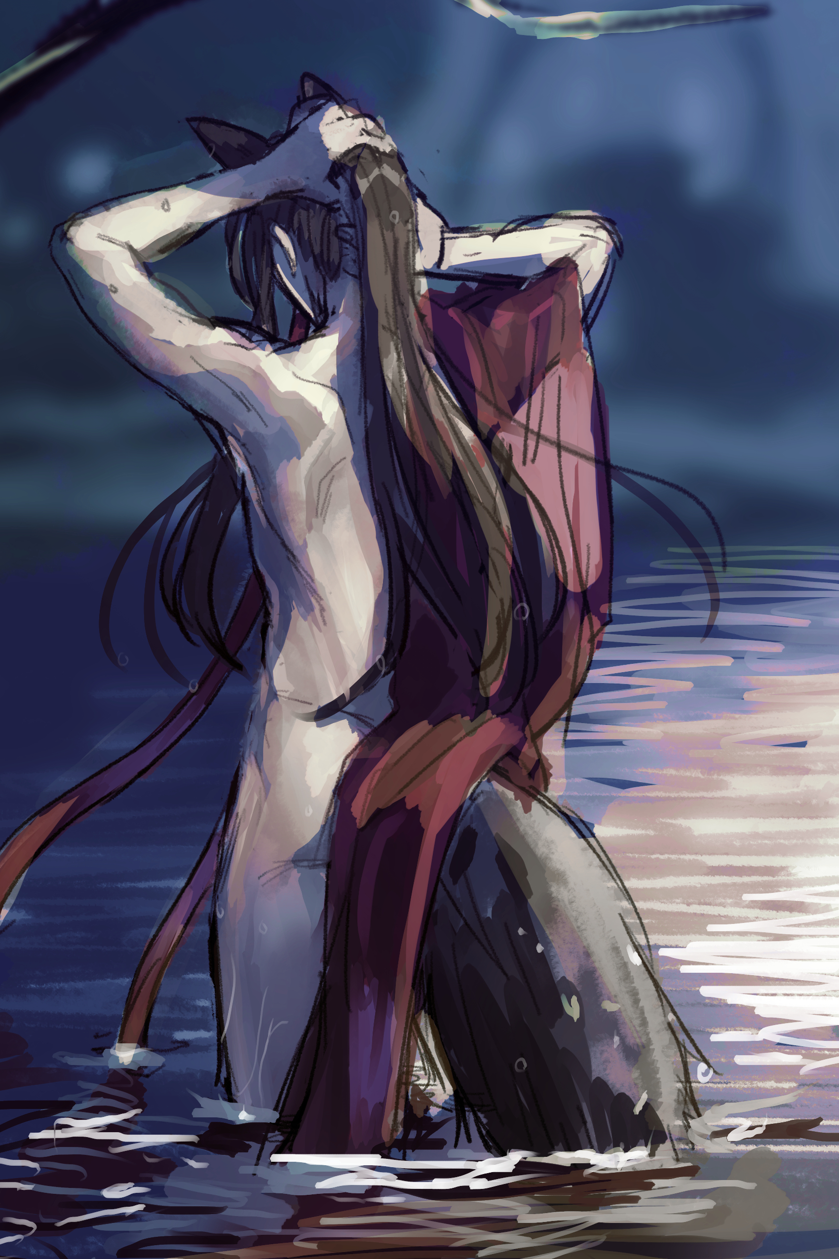 actcat3, wei wuxian, modao zushi, absurdres, highres, 1boy, adjusting hair, animal ears, arms up, ass, back, black hair, blurry, blurry background, branch, brown hair, facing away, fox boy, fox ears, fox tail, from behind, hair ribbon, kemonomimi mode, long hair, male focus, nude, open clothes, open robe, outdoors, ponytail, red ribbon, red robe, ribbon, robe, solo, standing, tail, tree, very long hair, wading, water, wet