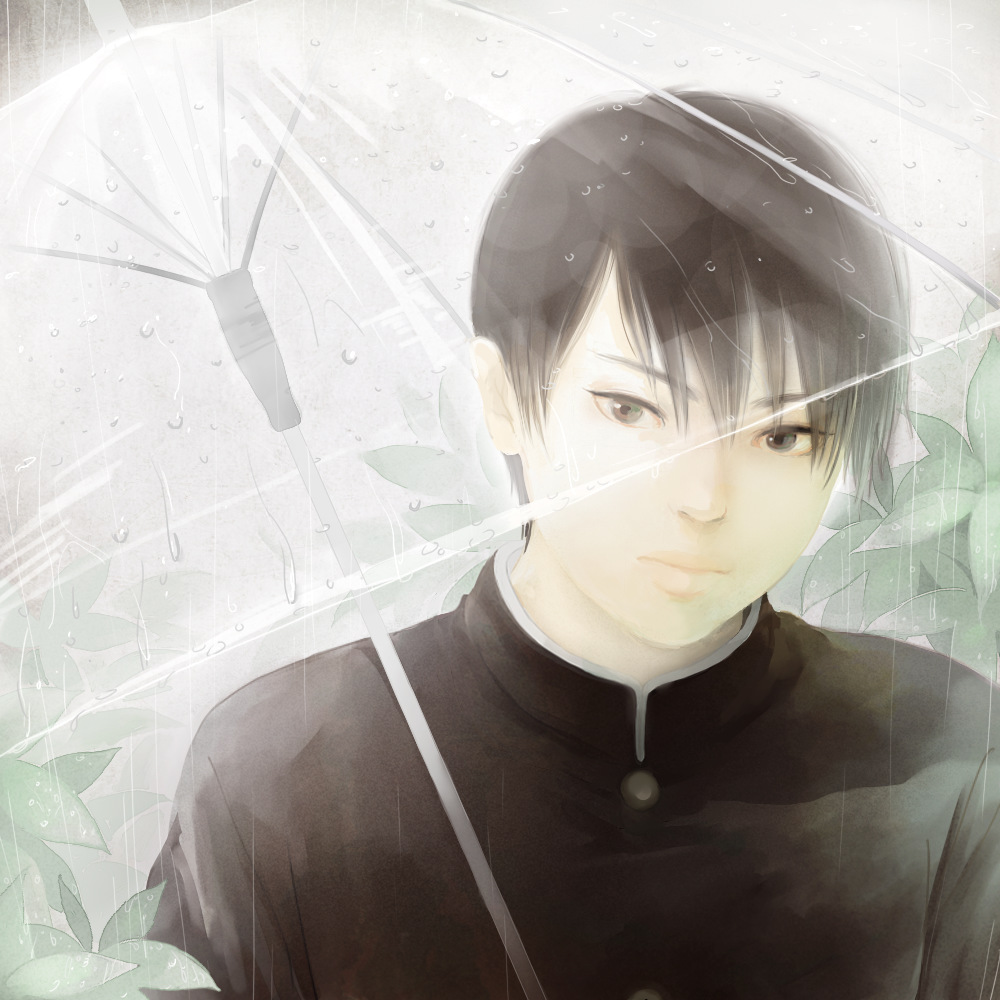 re:i, original, bad id, bad pixiv id, 1boy, gakuran, male focus, nature, outdoors, plant, rain, school uniform, solo, umbrella, upper body