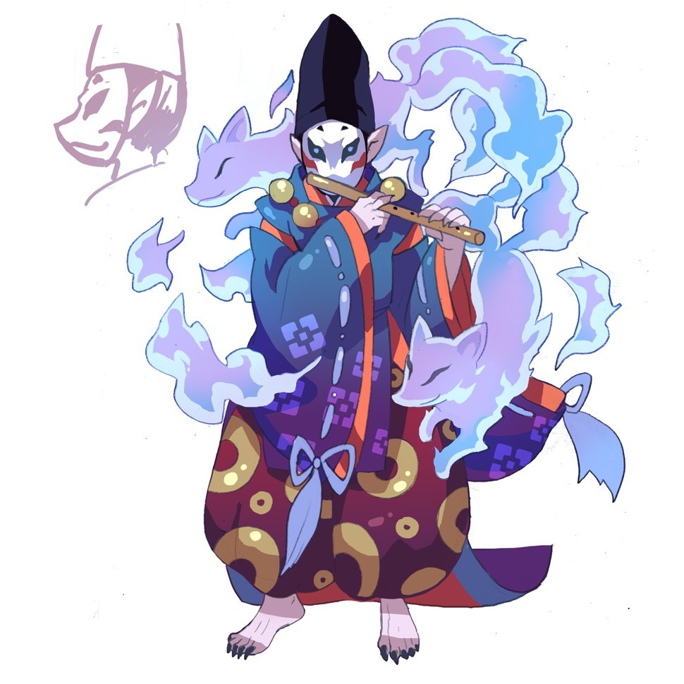 asgard, nexon, artist request, character request, official art, second-party source, 2boys, baggy pants, barefoot, black hat, black nails, blue eyes, blue fire, blue sleeves, circle print, extra tails, facing viewer, familiar, fire, flute, fox, full body, furisode, gradient sleeves, hat, holding, holding flute, holding instrument, instrument, japanese clothes, kariginu, kimono, legs apart, multiple boys, music, no humans, pants, playing instrument, pointy ears, print pants, print sleeves, profile, purple pants, purple sleeves, ribbon-trimmed sleeves, ribbon trim, solo focus, square print, standing, tall hat, toenails, toes, traditional youkai, two-sided sleeves, white mask
