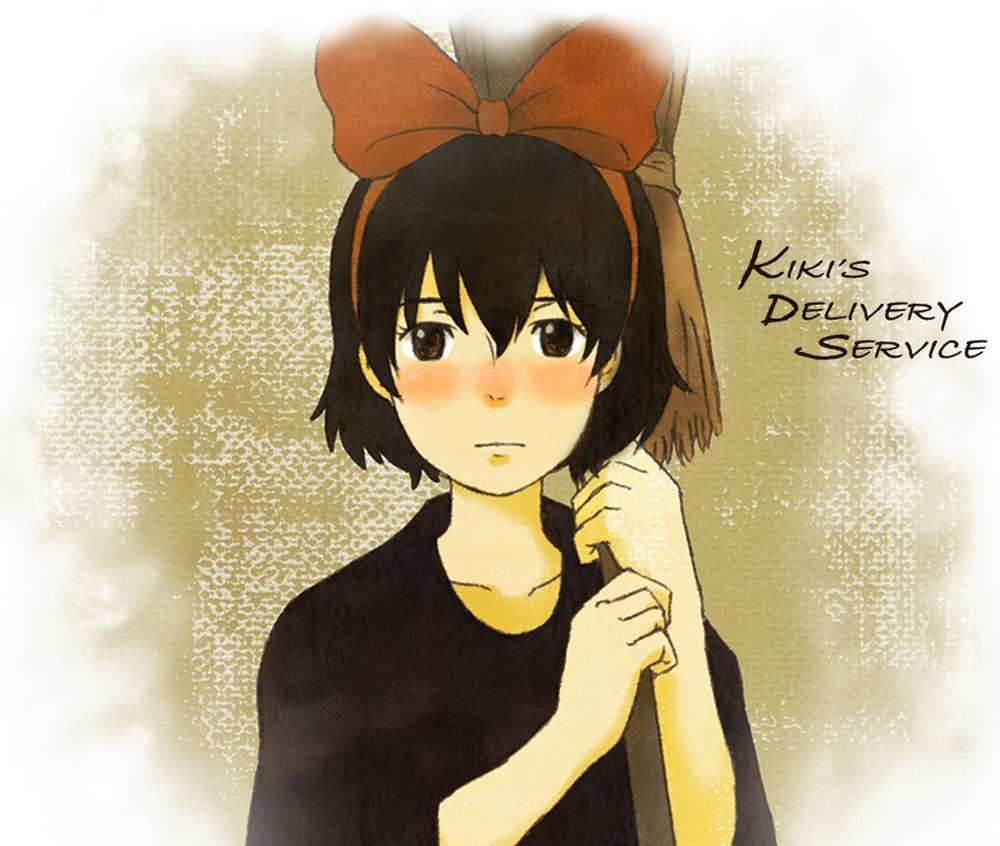 itou hiroyuki (caravina), iwai akiyuki, kiki (majo no takkyuubin), majo no takkyuubin, studio ghibli, 1980s (style), bad id, bad pixiv id, 1girl, blush, bow, broom, brown eyes, female focus, hair bow, hairband, oldschool, retro artstyle, short hair, solo