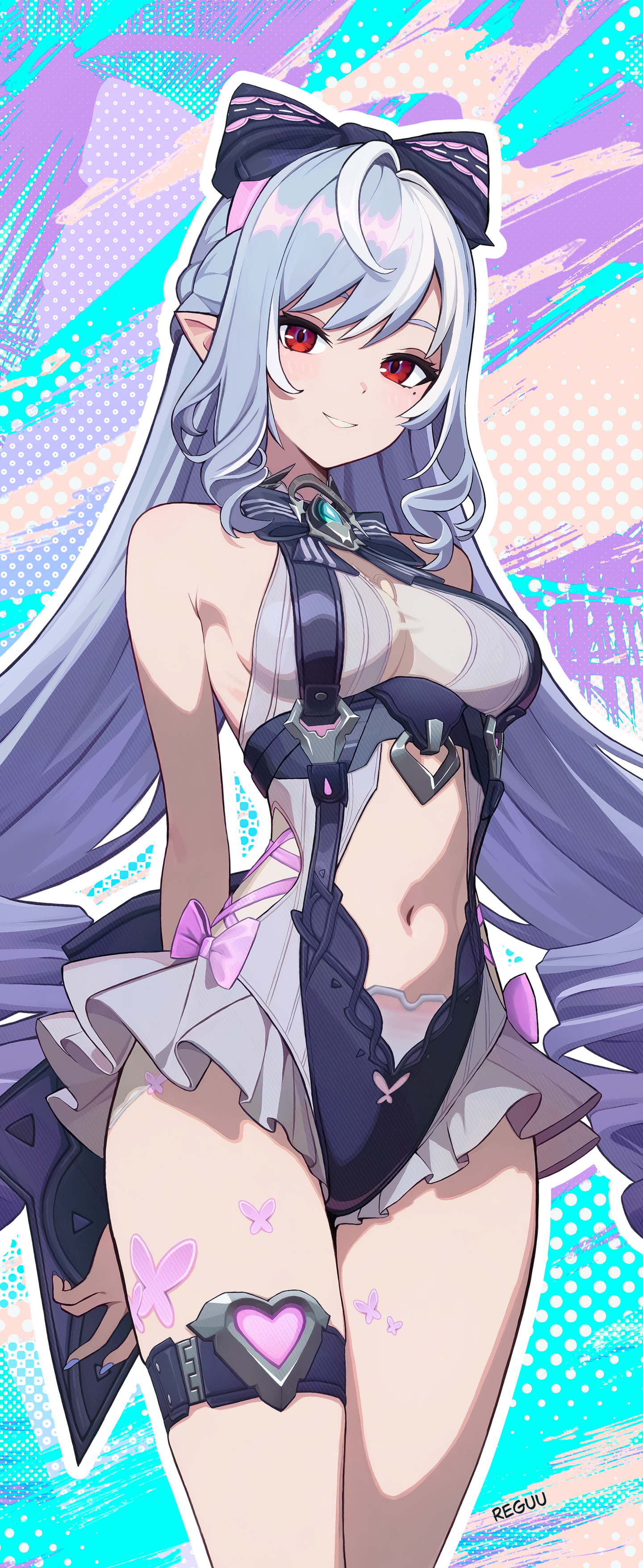 rswifhand, vivian banshee, vivian banshee (iris of the shore), zenless zone zero, absurdres, highres, 1girl, armpit crease, arms behind back, black bow, bow, breasts, clothing cutout, grey hair, grey nails, grey one-piece swimsuit, hair between eyes, holding, light blush, long hair, looking at viewer, medium breasts, mole, mole under eye, navel, navel cutout, official alternate costume, official alternate hairstyle, one-piece swimsuit, open mouth, pointy ears, red eyes, smile, solo, stomach, swimsuit, thigh strap, very long hair