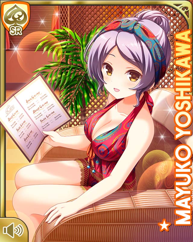 qp:flapper, yoshikawa mayuko, girlfriend (kari), official art, tagme, 1girl, :d, alternate hairstyle, breasts, card, character name, clothes lift, day, grey hair, indoors, long hair, medium breasts, open mouth, red shirt, red shorts, shirt, shirt lift, shorts, sitting, smile, solo, spa, yellow eyes