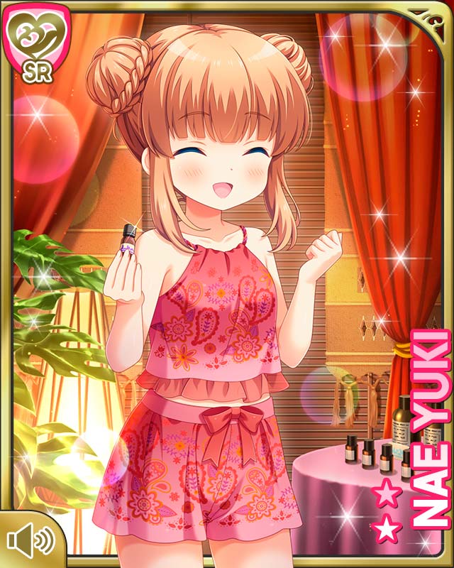 qp:flapper, yuuki nae, girlfriend (kari), official art, 1girl, :d, bare shoulders, blue eyes, blush, bow, brown hair, card (medium), character name, closed eyes, hair bow, indoors, legs, long hair, looking at viewer, midriff, open mouth, red shirt, red shorts, ribbon, shirt, shorts, smile, solo, spa, standing, thigh gap, thighs, two side up