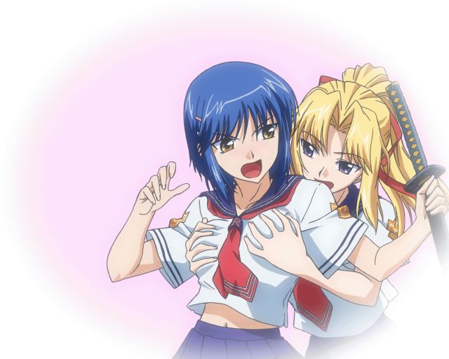 kiriya erika, kurogane otome, tsuyokiss, 2girls, blonde hair, blue eyes, blue hair, breasts, grabbing another's breast, groping, hair ornament, hair ribbon, hairclip, midriff, multiple girls, necktie, ponytail, ribbon, school uniform, sword, weapon, yellow eyes