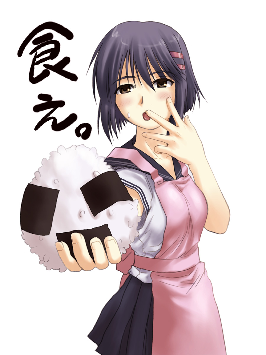 kurogane otome, tsuyokiss, highres, translated, 1girl, apron, brown eyes, female focus, food, food on face, onigiri, purple hair, rice, rice on face, school uniform, serafuku, short hair, skirt, solo