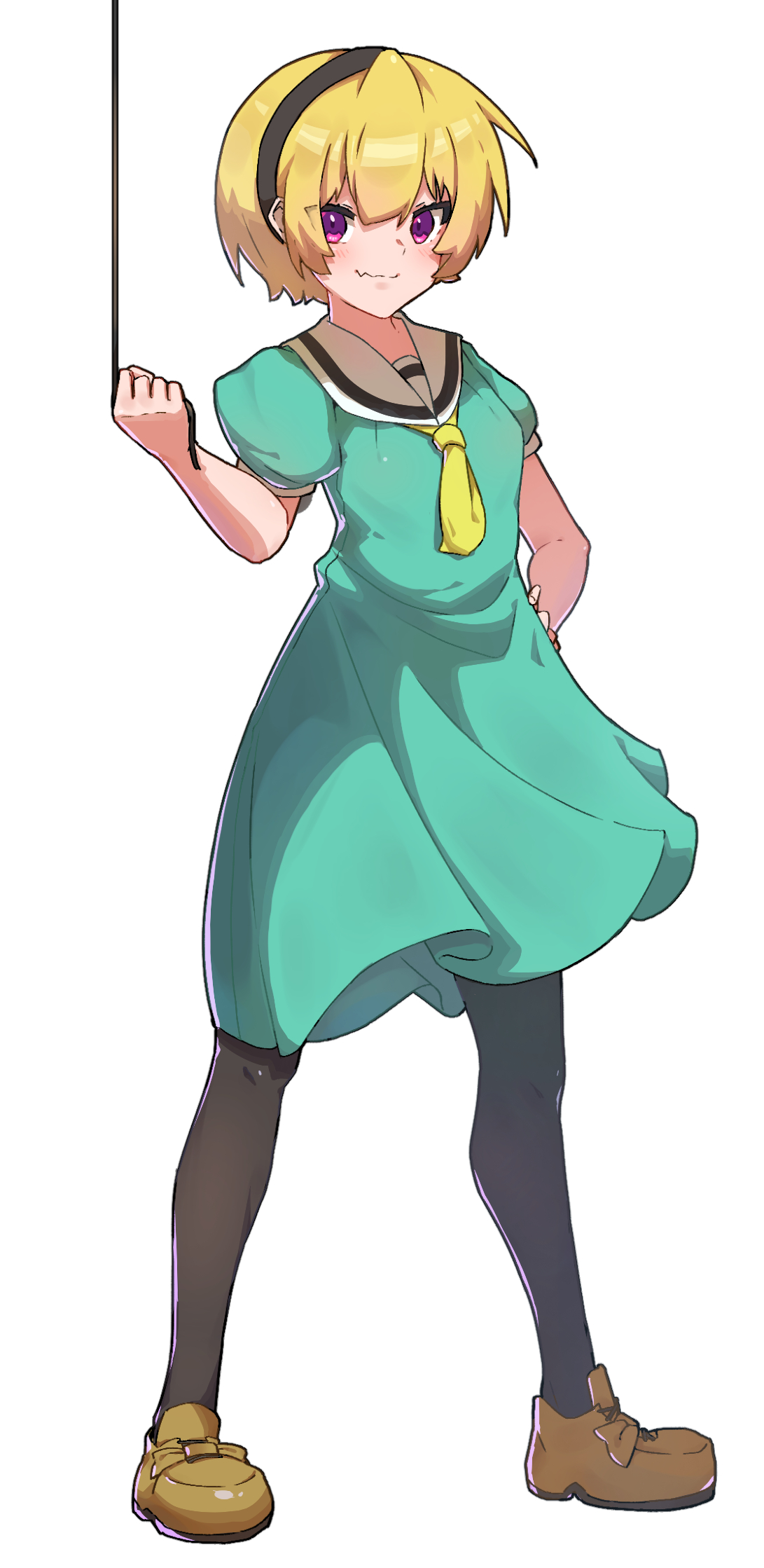 houjou satoko, higurashi no naku koro ni, highres, 1girl, black pantyhose, bob cut, brown shoes, dress, fang, full body, green dress, hairband, hand on own hip, holding, holding string, level3, looking at viewer, pantyhose, purple eyes, sailor dress, shoes, short hair, skin fang, solo, string, white background
