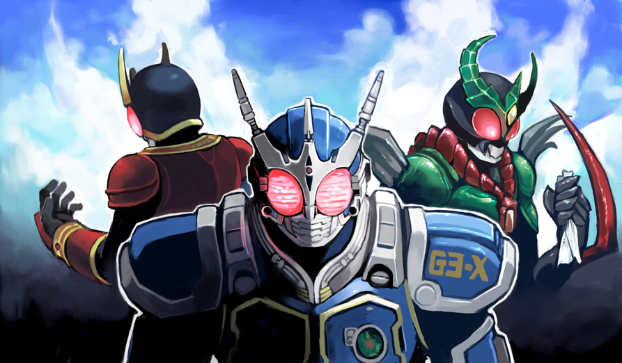 shigehiro (hiroi heya), kamen rider agito, kamen rider exceed gills, kamen rider g3, kamen rider g3-x, kamen rider gills, kamen rider kuuga, kamen rider, kamen rider agito (series), kamen rider kuuga (series), 3boys, armor, black helmet, blue armor, blue helmet, cloud, full armor, green armor, helmet, horns, kuuga (mighty), male focus, multiple boys, police, power armor, red armor, red eyes, single horn, sky, stag beetle