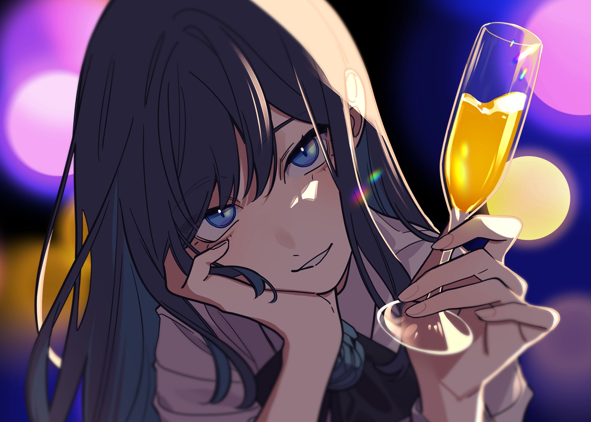 riseno, chando (ado), ado (utaite), commentary, highres, 1girl, black hair, blue eyes, blue hair, blurry, blurry background, colored inner hair, cup, head rest, holding, holding cup, long hair, looking at viewer, multicolored hair, open mouth, shirt, solo, upper body, utaite, white shirt