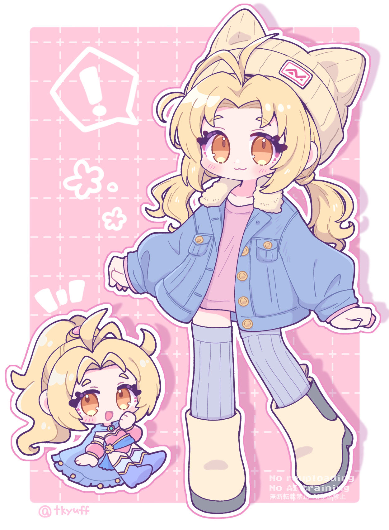 krile mayer baldesion (ff5), dissidia duellum final fantasy, dissidia final fantasy, final fantasy, final fantasy v, highres, !, :3, animal ear headwear, animal ears, antenna hair, beanie, blonde hair, blue boots, blue cape, blue coat, blush, boots, border, brown eyes, cape, cat ears, chibi, chibi inset, coat, detached sleeves, dress, fake animal ears, full body, fur-trimmed coat, fur trim, grey thighhighs, grid background, hat, leotard, long hair, low twintails, multiple views, official alternate costume, open mouth, pink background, pink dress, pink leotard, pink sleeves, ponytail, ribbed thighhighs, short dress, smile, spoken exclamation mark, thighhighs, tkyuff, twintails, twitter username, white border, yellow boots, yellow hat