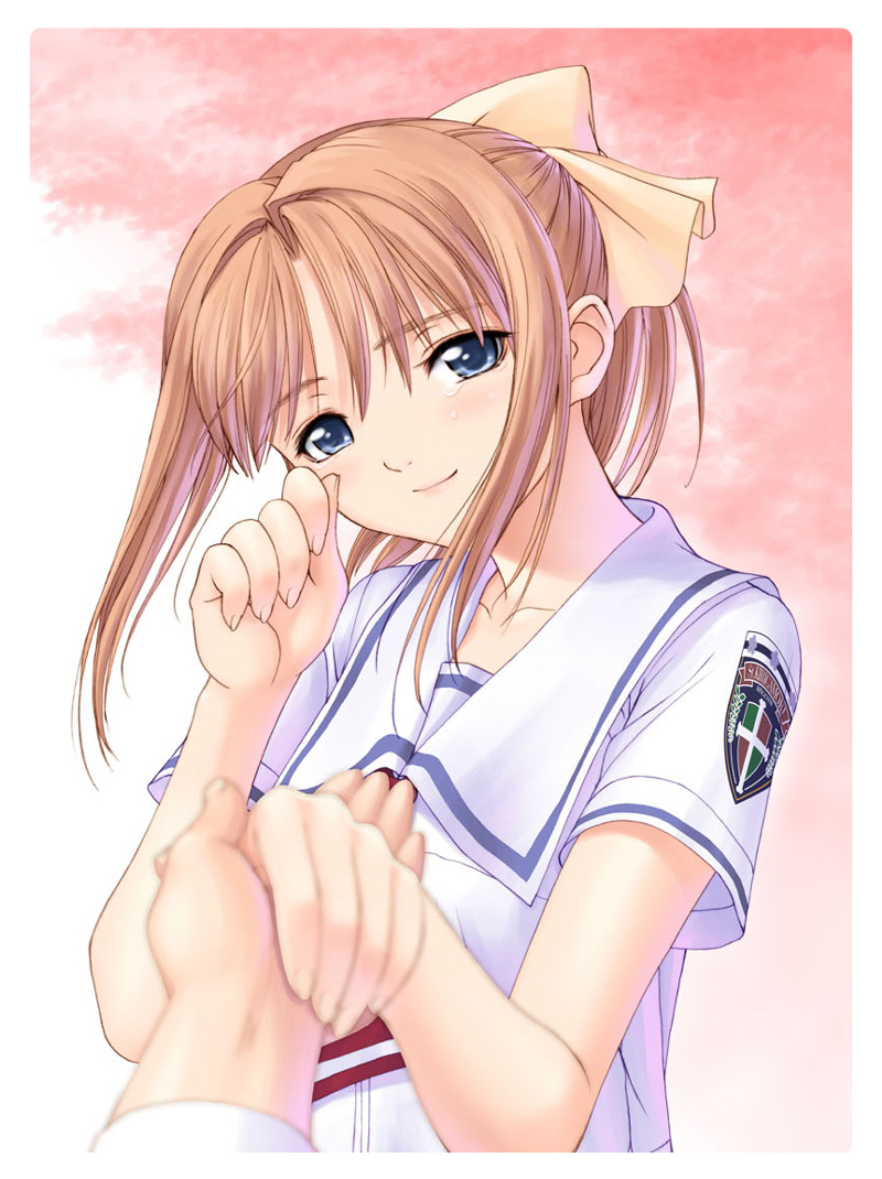 tony taka, shiomiya kanami, after (game), 00s, 1girl, blonde hair, blue eyes, blush, hair ribbon, ribbon, school uniform, solo focus, tears