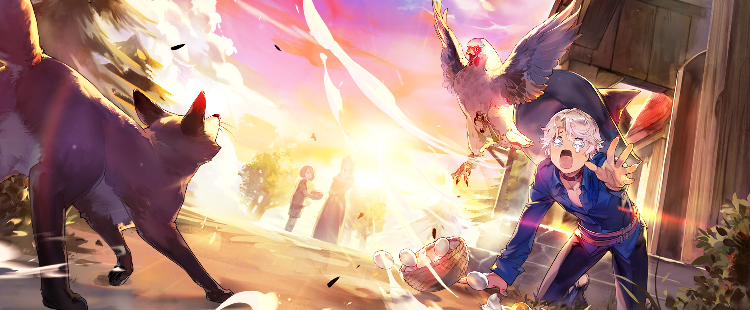 mabinogi, nexon, artist request, highres, official art, second-party source, 1girl, 2boys, ankle socks, asymmetrical bangs, basket, belt, bent over, bird, black eyes, black hat, black pants, blue eyes, blue shirt, blue sky, blue sleeves, building, chicken, choker, cloud, collarbone, collared shirt, dirt road, dress, dutch angle, egg, egg yolk, fantasy, feathered wings, fox, hair intakes, hat, holding, holding basket, lens flare, long hair, long sleeves, looking up, multiple belts, multiple boys, open hand, open mouth, orange fur, orange tail, pants, pine tree, pink hair, purple sky, red choker, road, rooftop, shirt, short sleeves, shorts, sky, sleeve cuffs, socks, solid circle eyes, stairs, stone stairs, tears, tile roof, tongue, tree, two-tone fur, whiskers, white fur, white hair, white wings, wing collar, wings, witch hat