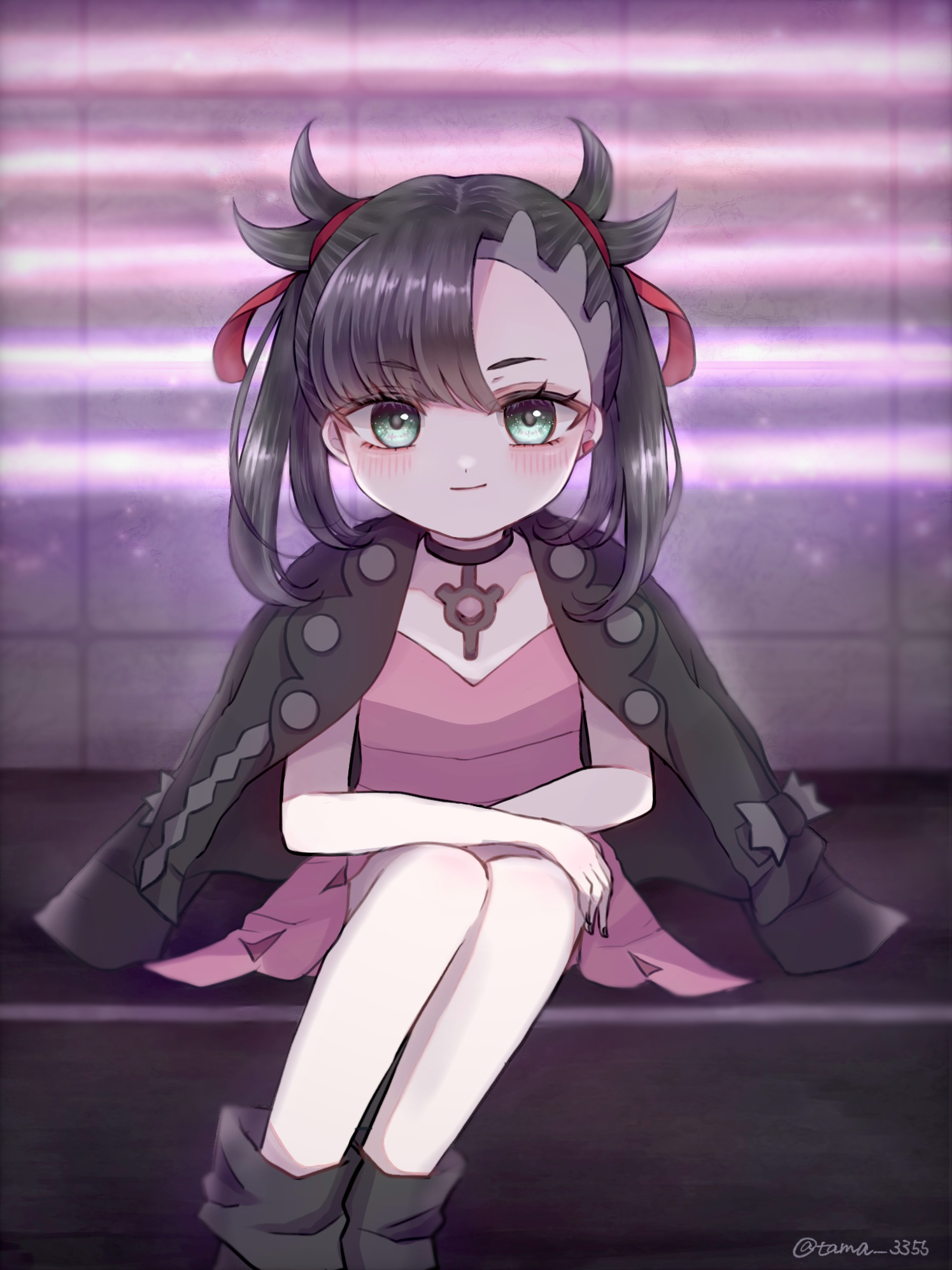 tama 3355, marnie (pokemon), nintendo, pokemon, pokemon swsh, commentary, highres, 1girl, asymmetrical bangs, black boots, black collar, black hair, black jacket, black nails, blurry, blurry background, blush, boots, closed mouth, collar, dress, eyelashes, green eyes, hair ribbon, jacket, jacket on shoulders, long hair, looking at viewer, nail polish, neon lights, pink dress, red ribbon, ribbon, sitting, smile, solo, twitter username