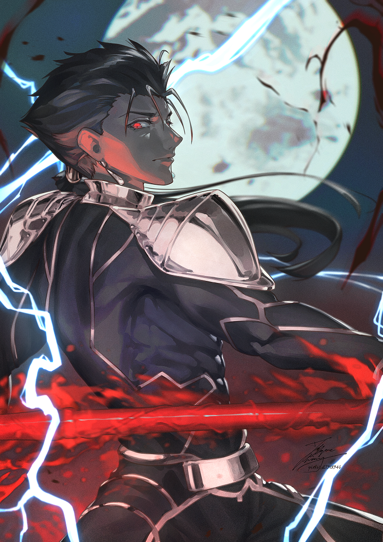 fadingz, cu chulainn (fate), cu chulainn (lancer) (fate), fate/stay night, fate (series), 1boy, blue bodysuit, blue hair, bodysuit, earrings, full moon, gae bolg (fate), holding, holding polearm, holding weapon, jewelry, male focus, moon, polearm, ponytail, solo, spear, spiked hair, weapon