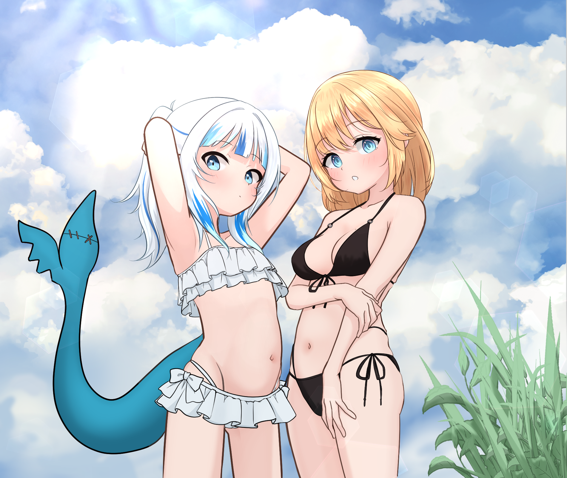 fujimaroni, gawr gura, watson amelia, highres, 2girls, adjusting hair, armpits, bikini, black bikini, blonde hair, blue eyes, blue hair, blunt bangs, breasts, fins, fish tail, flat chest, frilled bikini, frills, medium breasts, multicolored hair, multiple girls, navel, shark girl, shark tail, streaked hair, swimsuit, tail, two-tone hair, white bikini, white hair
