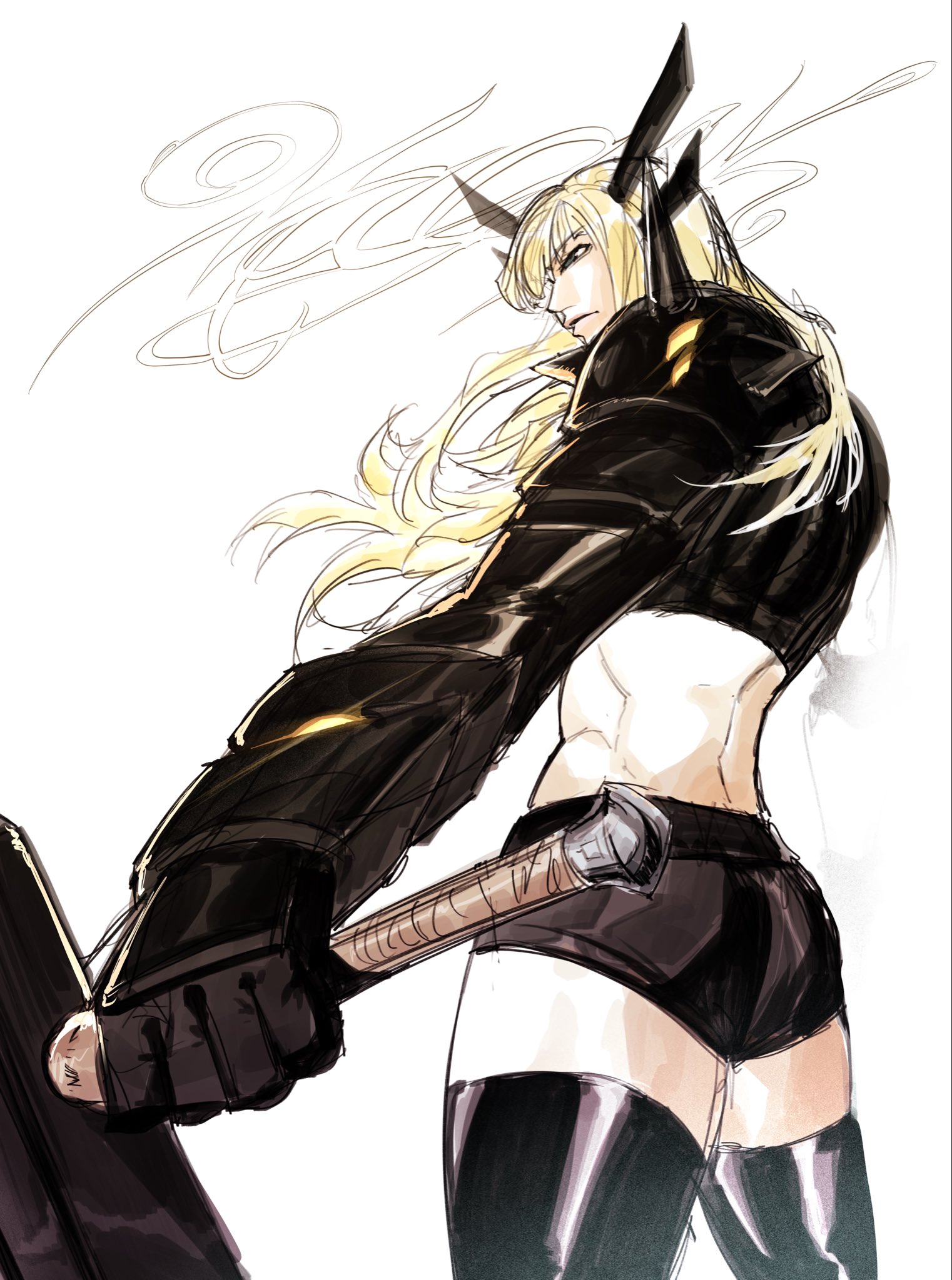 omegaa 7, magik (x-men), marvel, new mutants, x-men, highres, 1girl, armor, black armor, black gloves, black shorts, black thighhighs, blonde hair, blue eyes, gauntlets, gloves, holding, holding sword, holding weapon, huge weapon, long hair, midriff, pauldrons, short shorts, shorts, shoulder armor, shoulder spikes, simple background, solo, spiked pauldrons, spikes, superhero costume, sword, thighhighs, weapon, white background