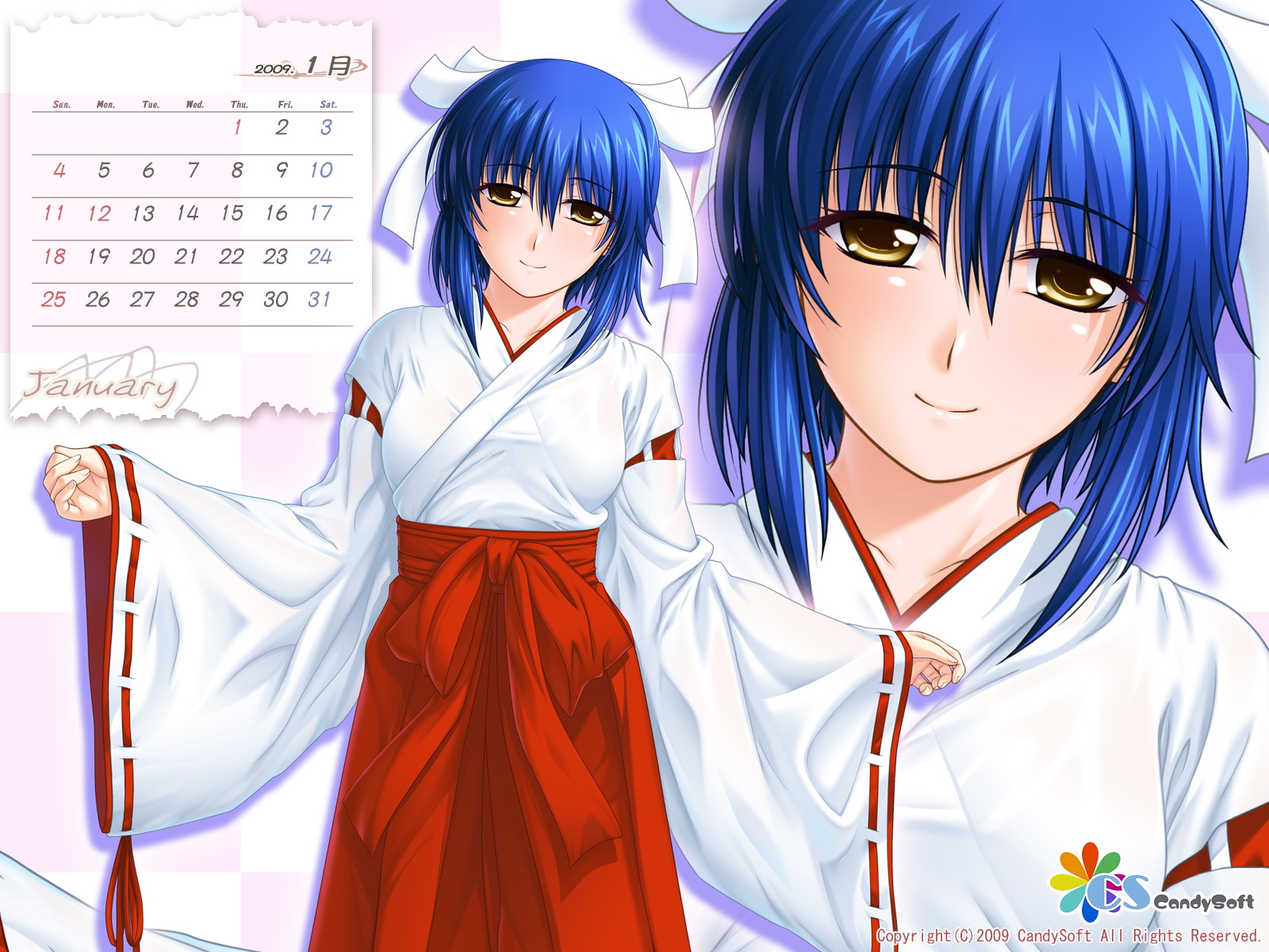 mahiro takeumi, kurogane otome, tsuyokiss, highres, 1girl, blue hair, blush, calendar, female focus, hair ribbon, japanese clothes, miko, ribbon, short hair, smile, solo, yellow eyes