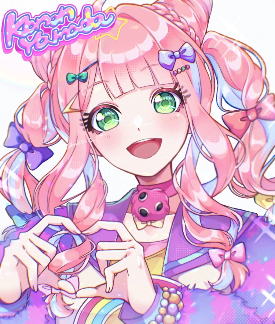 yamada kanon, laugh diamond, shine post, 1girl, ahoge, aqua bow, blue hair, bow, bracelet, braid, bun with braided base, collar, double bun, four-finger heart hands, green bow, green eyes, hair bow, hair bun, hair ornament, hairclip, heart, heart hands, jacket, jewelry, kankitsu g, looking at viewer, multicolored hair, open clothes, open jacket, open mouth, pink bow, pink collar, pink hair, purple bow, purple jacket, sidelocks, solo, teeth, twintails, twitter username, upper body, upper teeth only, white background