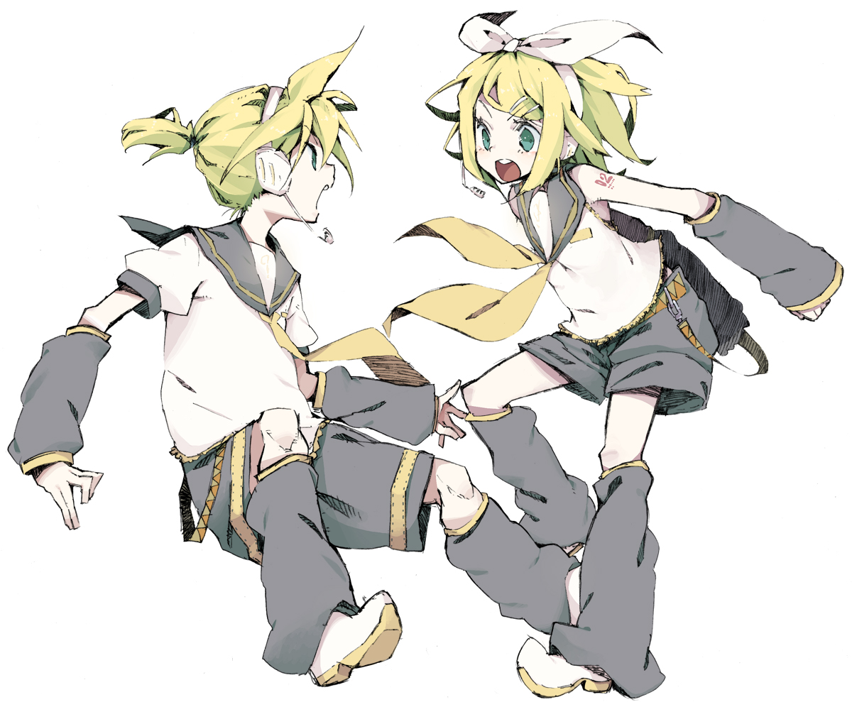 abara heiki, kagamine len, kagamine rin, vocaloid, 1boy, 1girl, aqua eyes, blonde hair, brother and sister, detached sleeves, headset, siblings, twins