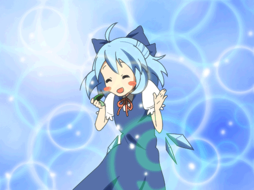 azakano, untan, cirno, hirasawa yui, k-on!, phantasmagoria of flower view, touhou, screencap, animated, animated gif, non-web source, third-party edit, 1girl, ^ ^, ahoge, barefoot, blue theme, castanets, circled 9, closed eyes, dancing, female focus, grin, hair ribbon, imageboard desourced, instrument, parody, ribbon, smile, solo, un tan