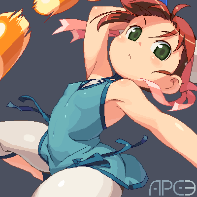 om (nk2007), sayaka (saru getchu), saru getchu, lowres, 1girl, arched back, brown hair, female focus, flat chest, green eyes, grey background, oekaki, pixel art, simple background, solo
