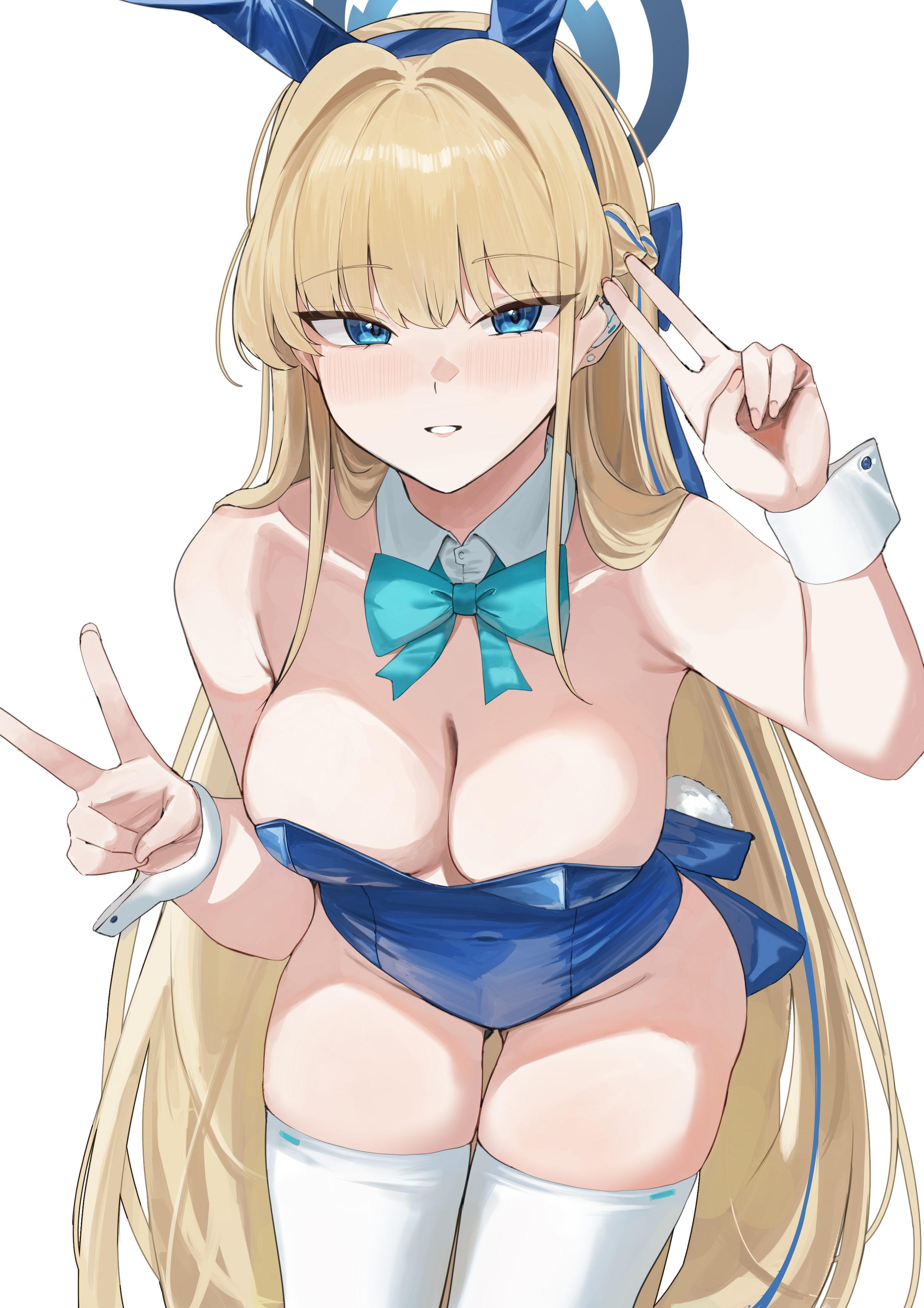 ref (pmxt4483), toki (blue archive), toki (bunny) (blue archive), blue archive, absurdres, commentary, highres, 1girl, animal ears, aqua bow, aqua bowtie, bare shoulders, blonde hair, blue eyes, blue hair, blue halo, blue leotard, blush, bow, bowtie, breasts, cleavage, collarbone, detached collar, double v, fake animal ears, halo, large breasts, leotard, long hair, looking at viewer, multicolored hair, official alternate costume, playboy bunny, rabbit ears, solo, thighhighs, thighs, two-tone hair, v, very long hair, white thighhighs