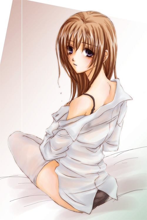 lina (interlude), takamachi nanoha, lyrical nanoha, mahou shoujo lyrical nanoha, mahou shoujo lyrical nanoha strikers, 00s, bra, brown hair, lingerie, long hair, panties, purple eyes, solo, thighhighs, underwear, undressing, wet, white thighhighs