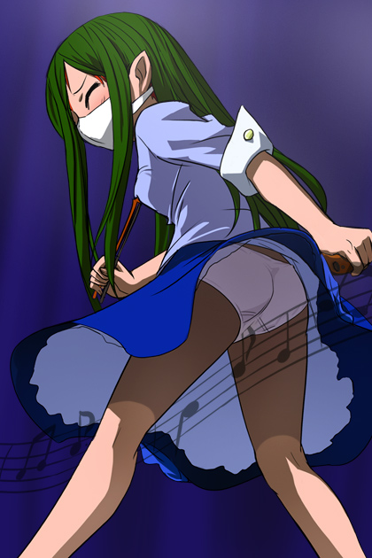 haruyama kazunori, nekomusume, gegege no kitarou, toei company, 1girl, ass, crotch rub, female focus, female masturbation, from below, green hair, instrument, loli, mask, masturbation, mouth mask, musical note, panties, pantyshot, solo, surgical mask, underwear, upskirt, violin, white panties, wind, wind lift