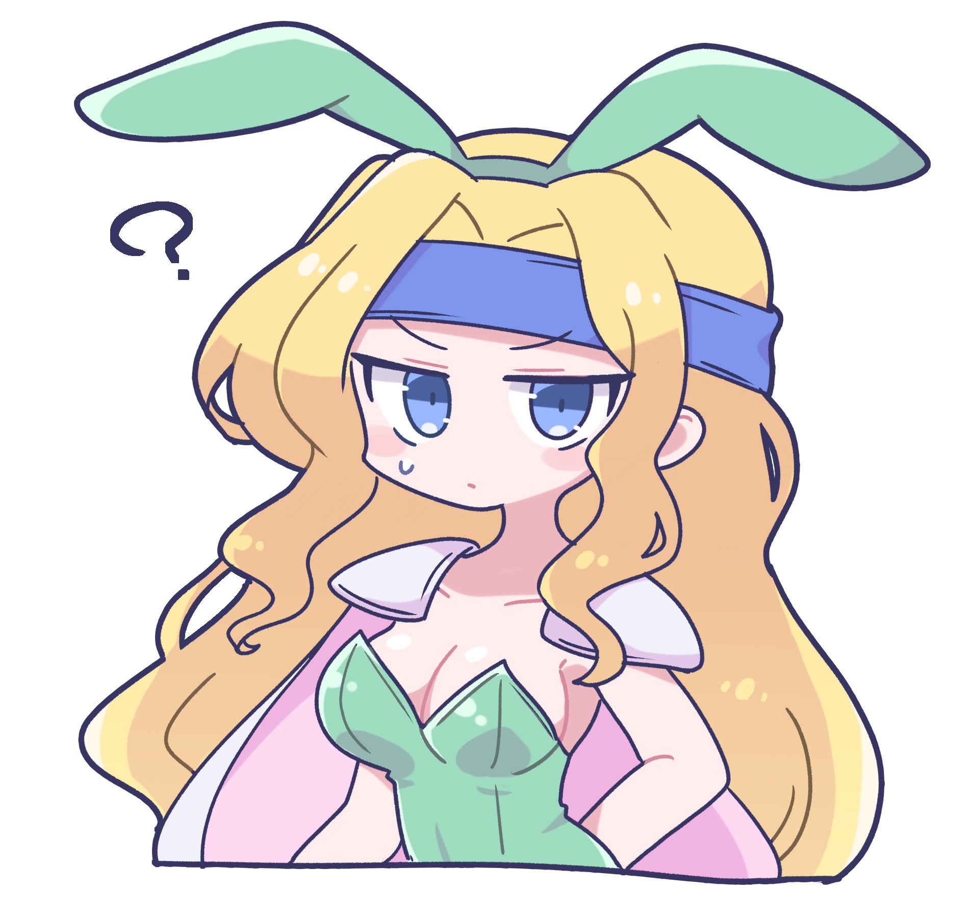 celes chere, final fantasy, final fantasy vi, highres, 1girl, ?, alternate costume, animal ear hairband, animal ears, armor, blonde hair, blue eyes, blue headband, blush, breasts, cape, cleavage, cropped torso, fake animal ears, furrowed brow, green hairband, green leotard, hairband, headband, leotard, long hair, medium breasts, parted bangs, pink cape, playboy bunny, rabbit ear hairband, rabbit ears, shoulder armor, sidelocks, solo, strapless, strapless leotard, sweatdrop, tkyuff, wavy hair, white background