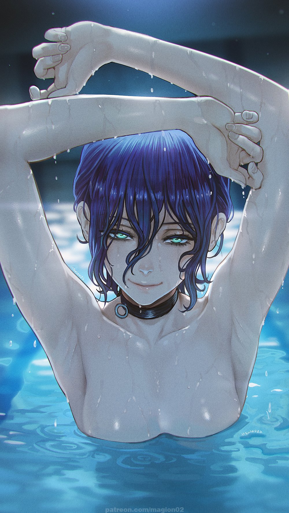 magion02, reze (chainsaw man), chainsaw man, commentary, highres, mixed-language commentary, 1girl, armpits, arms up, black choker, choker, closed mouth, completely nude, green eyes, grenade pin, hair between eyes, long hair between eyes, looking at viewer, nude, partially submerged, pool, purple hair, short hair, skinny dipping, smile, solo, wet, wet hair