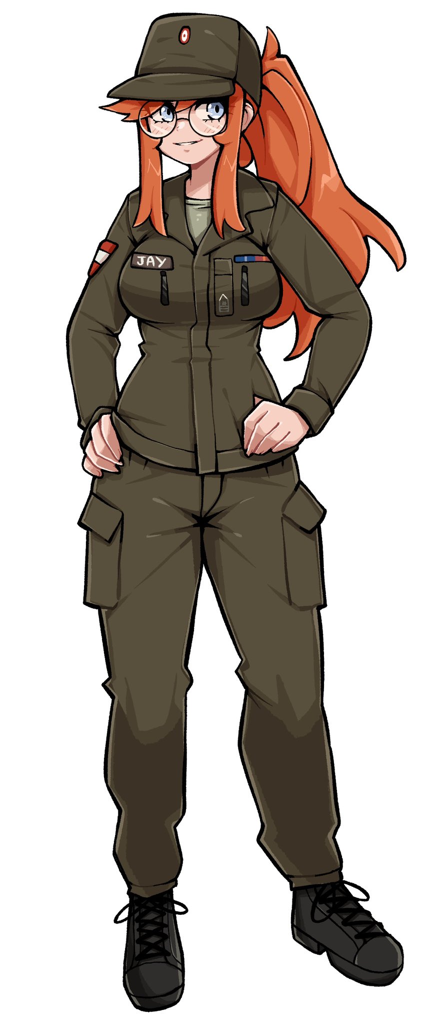 oninuer, original, commentary, commission, english commentary, highres, 1girl, black shoes, blue eyes, breasts, brown hat, brown jacket, brown pants, collared jacket, full body, glasses, hands on own hips, hat, jacket, long hair, long sleeves, looking at viewer, medium breasts, military fatigues, military hat, military jacket, military uniform, orange hair, pants, parted lips, round eyewear, shoes, simple background, smile, solo, standing, white background