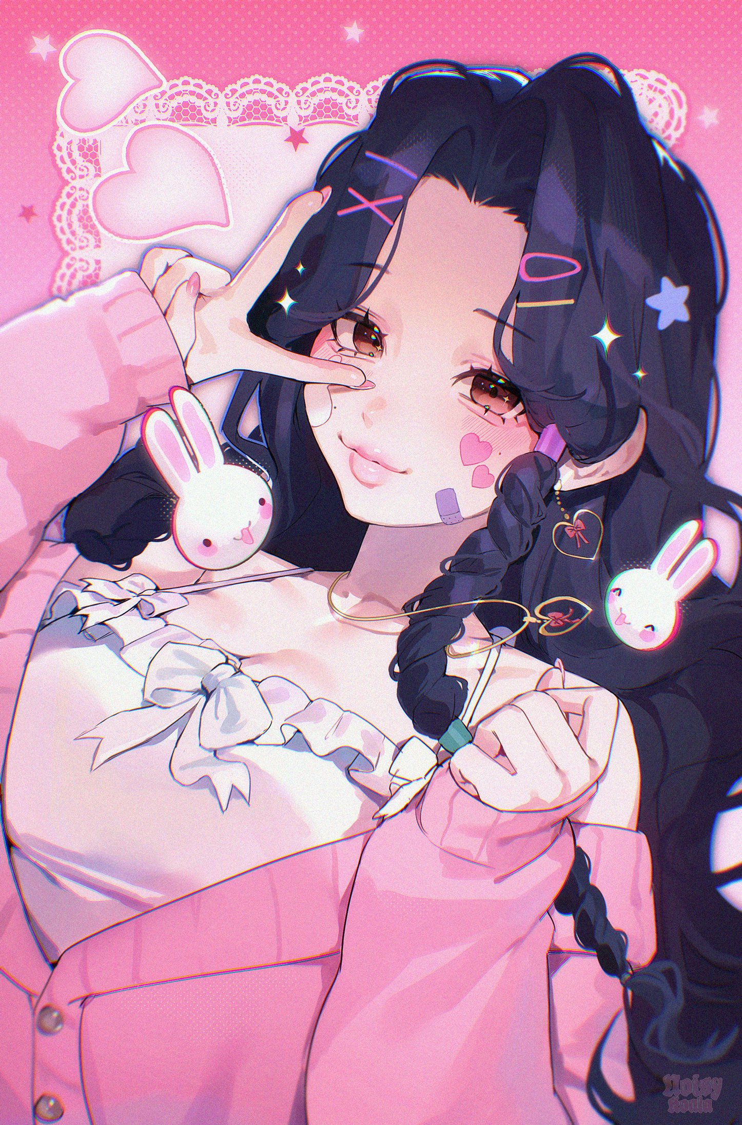 noisykoala, original, commentary, commission, highres, symbol-only commentary, 1girl, aegyo sal, artist name, bandaid, bandaid on cheek, bandaid on face, black hair, bow, bow camisole, bow earrings, bow necklace, braid, braided sidelock, brown eyes, camisole, cardigan, chromatic aberration, curled fingers, curtained hair, dutch angle, earrings, eyelashes, film grain, floating, floating object, four-pointed star, frilled camisole, frills, gold earrings, gold necklace, hair ornament, hairclip, hairpin, heart, heart earrings, heart necklace, heart sticker, jewelry, lace background, light blush, light smile, long hair, looking at viewer, low-tied sidelocks, mole, mole on cheek, multiple hairpins, multiple moles, necklace, off-shoulder cardigan, outline, outside border, parted bangs, pink background, pink cardigan, pink nails, pink theme, polka dot border, purple outline, rabbit sticker, sidelocks, single braid, single sidelock, sleeves past wrists, spaghetti strap, star (symbol), sticker, sticker on face, stuffed animal, stuffed rabbit, stuffed toy, thick lips, upper body, v, very long hair, wavy hair, white bow, white camisole, x hair ornament