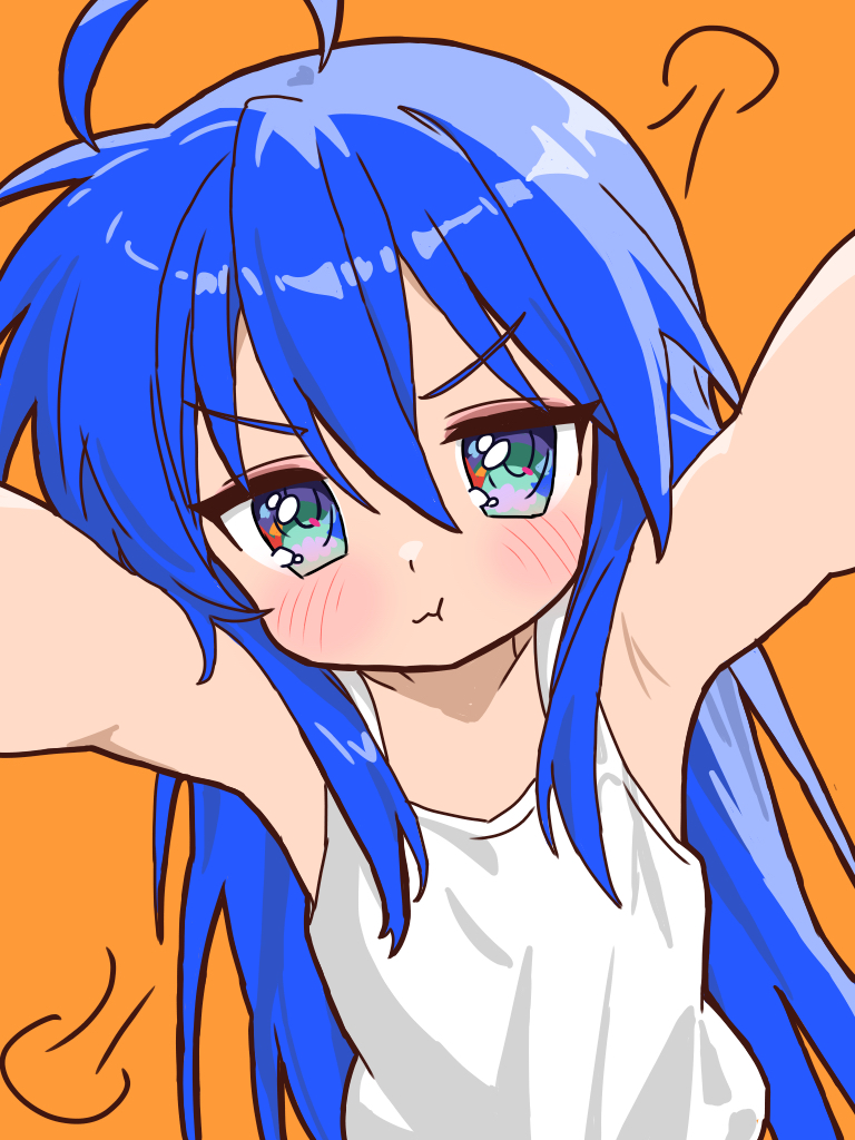 dr. junyaman, izumi konata, lucky star, commentary request, 1girl, :t, armpits, arms up, blue eyes, blue hair, blush, camisole, closed mouth, flat chest, green eyes, long hair, looking at viewer, multicolored eyes, orange background, outstretched arms, pout, puff of air, purple eyes, simple background, solo, undershirt, upper body, v-shaped eyebrows, white camisole