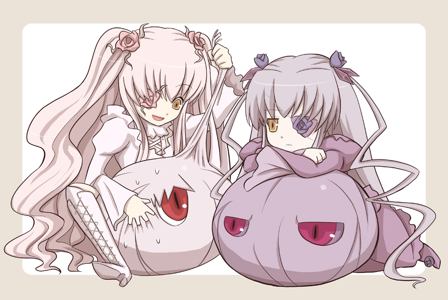 aka (s3637), barasuishou, cascoon, kirakishou, silcoon, nintendo, pokemon, rozen maiden, 00s, 2girls, boots, crossover, dress, eyepatch, flower, flower eyepatch, flower over eye, gen 3 pokemon, knee boots, long hair, multiple girls, pink hair, pokemon (creature), purple eyes, purple hair, red eyes, rose, twintails, two side up, very long hair, yellow eyes