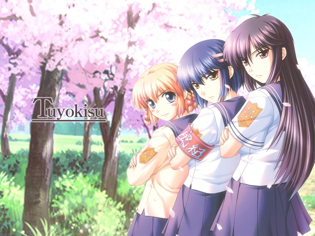 shironeko sanbou, kanisawa kinu, kurogane otome, yashi nagomi, tsuyokiss, 3girls, black hair, blonde hair, blue eyes, blue hair, braid, long hair, multiple girls, pink eyes, school uniform, short hair, skirt, yellow eyes