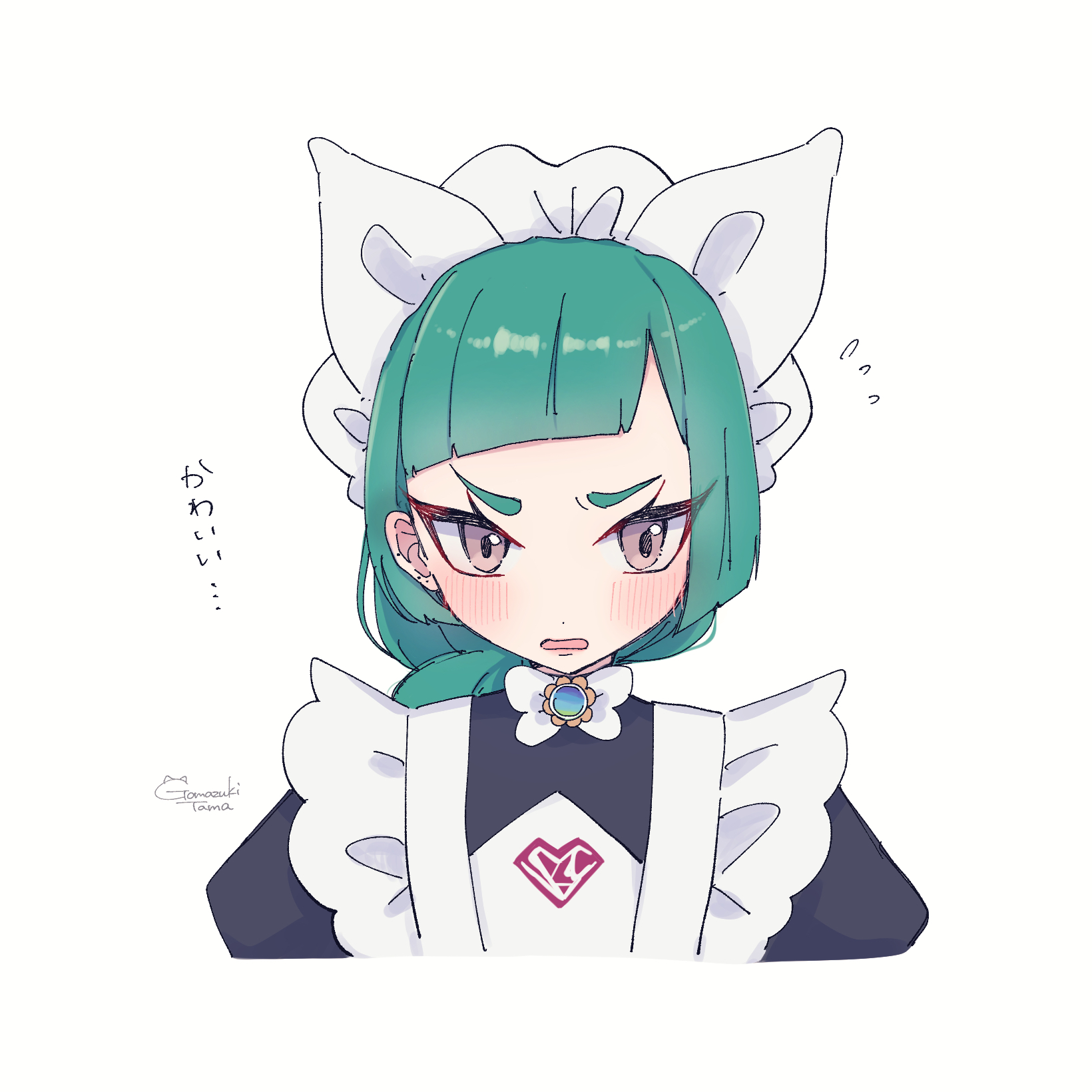 tama 3355, lebanne (pokemon), nintendo, pokemon, pokemon legends: z-a, commentary request, highres, translation request, 1girl, apron, black dress, bow, bowtie, brown eyes, cropped torso, dress, eyelashes, flying sweatdrops, green hair, headdress, long hair, maid, open mouth, signature, solo, upper body, white apron, white bow, white bowtie